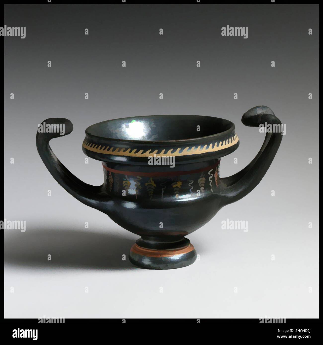 Kunst inspiriert von Terracotta Cup-skyphos (Trinkbecher), Spätklassik, Ende des 4.. Jahrhunderts v. Chr., Griechisch, Süditalienisch, Apulisch, Gnathian, Terracotta; Farbe aufgetragen, H. 4 13/16 Zoll (12,3 cm), Vasen, verziert mit stilisierten Trauben; Interieur, einprägte Palmetten und Roulett, Klassische Werke, die von Artotop mit einem Schuss Moderne modernisiert wurden. Formen, Farbe und Wert, auffällige visuelle Wirkung auf Kunst. Emotionen durch Freiheit von Kunstwerken auf zeitgemäße Weise. Eine zeitlose Botschaft, die eine wild kreative neue Richtung verfolgt. Künstler, die sich dem digitalen Medium zuwenden und die Artotop NFT erschaffen Stockfoto