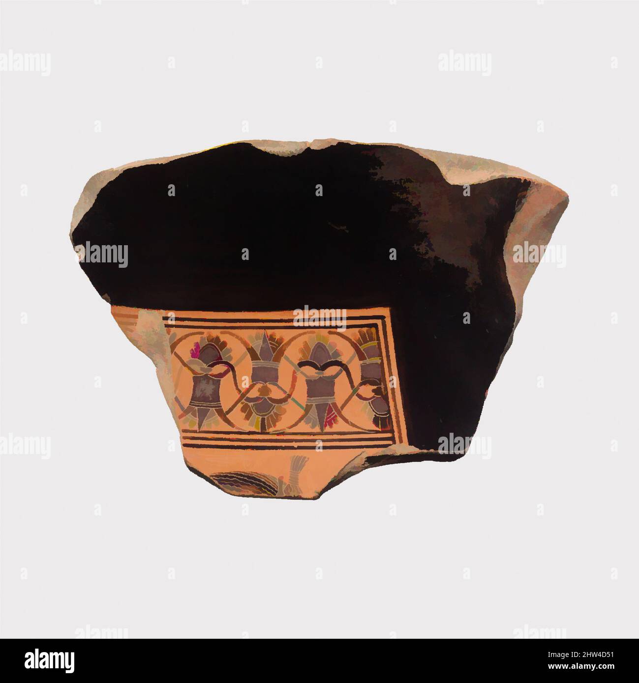 Kunst inspiriert von Fragment einer Terrakotta-Amphore (Glas), archaisch, ca. 550 v. Chr., Griechisch, Dachboden, Terrakotta; schwarze Figur, 3 3/16 × 4 5/8 × 3/8 Zoll (8,1 × 11,7 × 0,9 cm), Vasen, Oberteil der Mähne, Ohr und Knoten eines Pferdes in einem Viererwagen. Der Stil des Amasis-Malers, klassische Werke, die von Artotop mit einem Schuss Moderne modernisiert wurden. Formen, Farbe und Wert, auffällige visuelle Wirkung auf Kunst. Emotionen durch Freiheit von Kunstwerken auf zeitgemäße Weise. Eine zeitlose Botschaft, die eine wild kreative neue Richtung verfolgt. Künstler, die sich dem digitalen Medium zuwenden und die Artotop NFT erschaffen Stockfoto