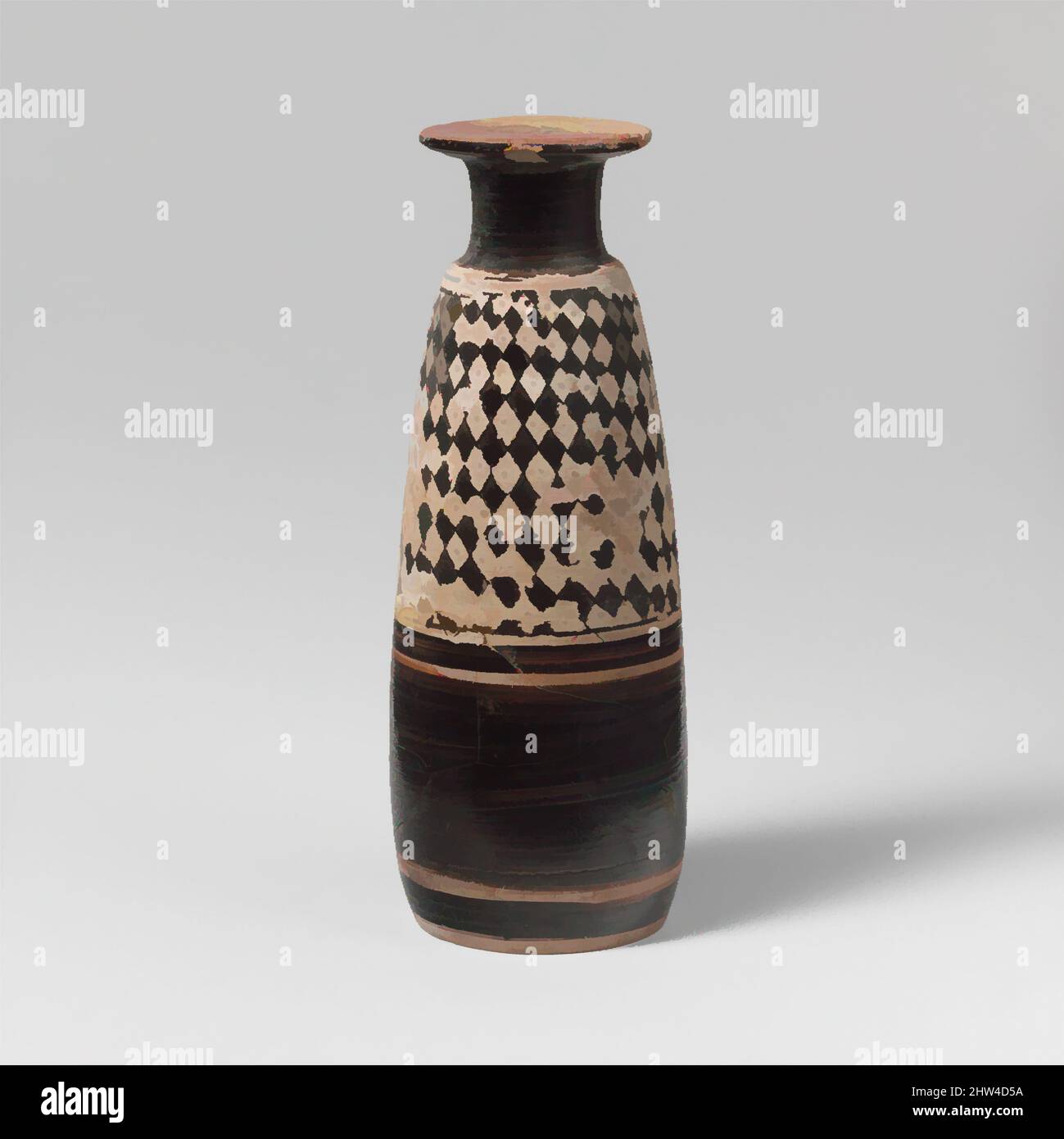 Kunst inspiriert von Terracotta Columbus Alabastron (Parfümvase), klassisch, ca. 470 v. Chr., Griechisch, Dachboden, Terrakotta; weißer Boden, H. 3 3/4 Zoll (9,6 cm), Vasen, Columbus Alabastra sind eine einfache Lösung für das Problem, dass die normalerweise runden Vasen ohne zusätzliche, von Artotop modernisierte Classic Works mit einem Schuss Moderne stehen. Formen, Farbe und Wert, auffällige visuelle Wirkung auf Kunst. Emotionen durch Freiheit von Kunstwerken auf zeitgemäße Weise. Eine zeitlose Botschaft, die eine wild kreative neue Richtung verfolgt. Künstler, die sich dem digitalen Medium zuwenden und die Artotop NFT erschaffen Stockfoto