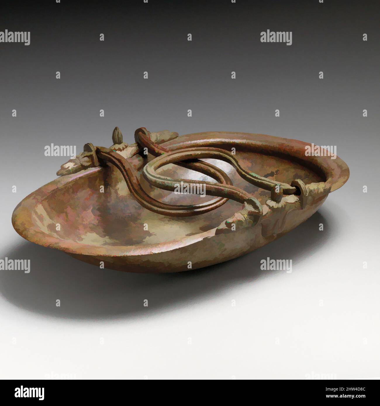 Kunst inspiriert von Bronze Korbvase mit schwingenden Griffen, spät Republikaner oder Augustan, 1. Jahrhundert v. Chr., Roman, Bronze, W.. 10 3/5 Zoll (27 cm), Bronzen, die Mehrheit der Bronzekorbvasen stammen aus Kampanien, vor allem rund um den Golf von Neapel, wo es vielleicht eine Werkstatt, Classic Works modernisiert von Artotop mit einem Schuss Moderne. Formen, Farbe und Wert, auffällige visuelle Wirkung auf Kunst. Emotionen durch Freiheit von Kunstwerken auf zeitgemäße Weise. Eine zeitlose Botschaft, die eine wild kreative neue Richtung verfolgt. Künstler, die sich dem digitalen Medium zuwenden und die Artotop NFT erschaffen Stockfoto