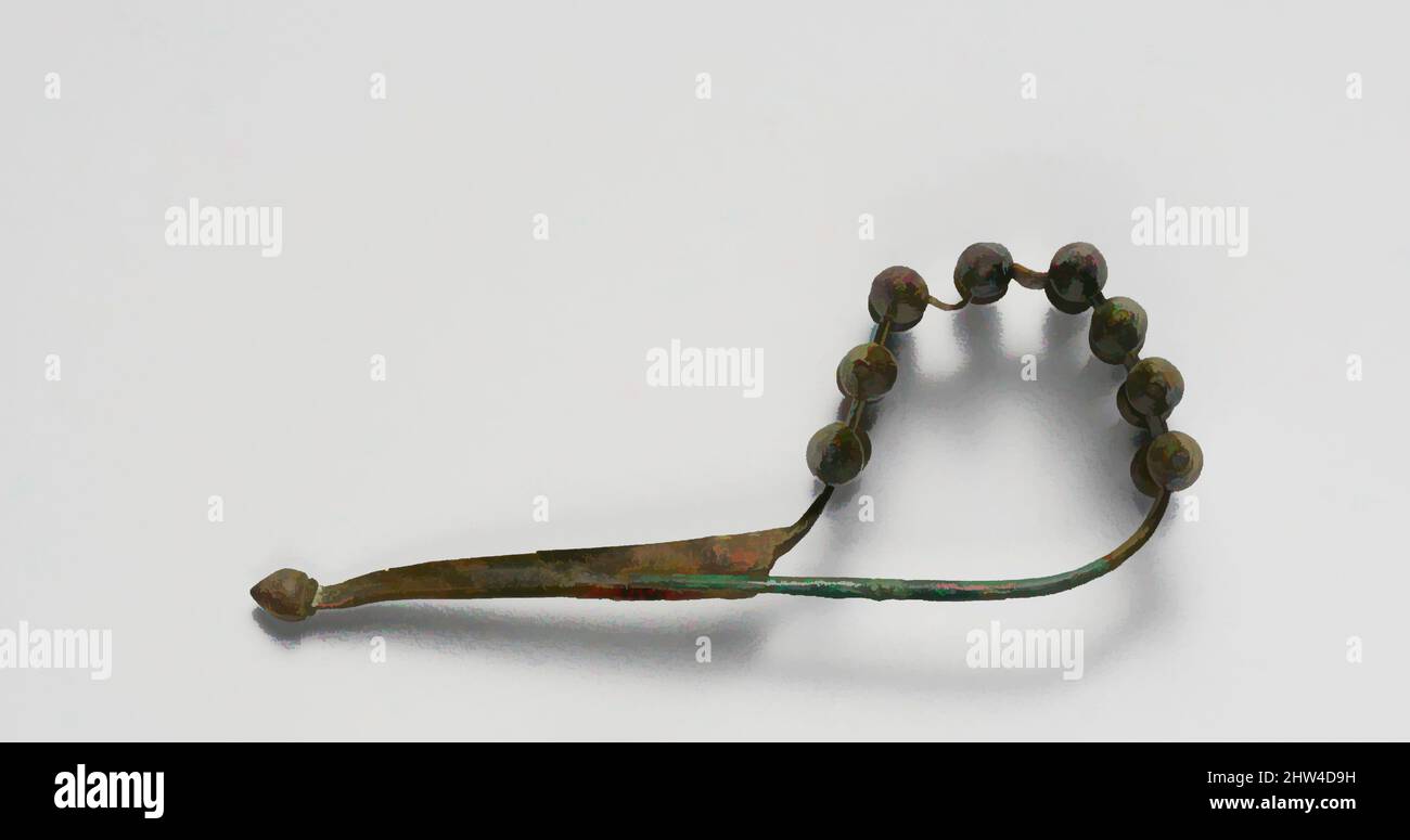 Kunst inspiriert von Bronze Drachen-Typ Fibel (Sicherheitsnadel), archaisch, 7.–Anfang 6. Jahrhundert v. Chr., Kursiv, Bronze, andere: 5 1/4 Zoll (13,3 cm), Bronzen, Drachenfibeln sind eine spätere Variante des Serpentinen-Typs. Mit einem länglichen Verschluss und einer Schleife, die von Paaren aus bronzefarbenen Knospen verziert ist, modernisierte Classic Works von Artotop mit einem Hauch von Modernität. Formen, Farbe und Wert, auffällige visuelle Wirkung auf Kunst. Emotionen durch Freiheit von Kunstwerken auf zeitgemäße Weise. Eine zeitlose Botschaft, die eine wild kreative neue Richtung verfolgt. Künstler, die sich dem digitalen Medium zuwenden und die Artotop NFT erschaffen Stockfoto