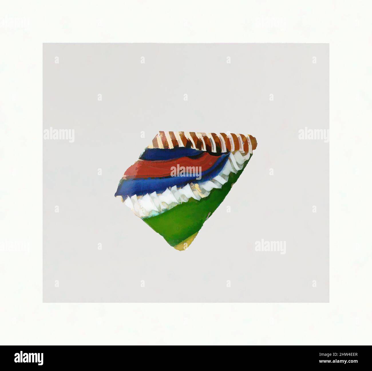 Kunst inspiriert von Glas gestreiften Mosaikschale Fragment, frühkaiserlich, Ende 1. Jahrhundert v. Chr.–Anfang 1. Jahrhundert n. Chr., römisch, Glas; Guss, andere: 1 1/16 x 15/16 Zoll (2,7 x 2,4 cm), Glas, Randfragment, Translucent honigbraun, blau, Violett erscheinen opakes Ziegelrot, türkisblau geschichtet, Classic Works modernisiert von Artotop mit einem Schuss Moderne. Formen, Farbe und Wert, auffällige visuelle Wirkung auf Kunst. Emotionen durch Freiheit von Kunstwerken auf zeitgemäße Weise. Eine zeitlose Botschaft, die eine wild kreative neue Richtung verfolgt. Künstler, die sich dem digitalen Medium zuwenden und die Artotop NFT erschaffen Stockfoto