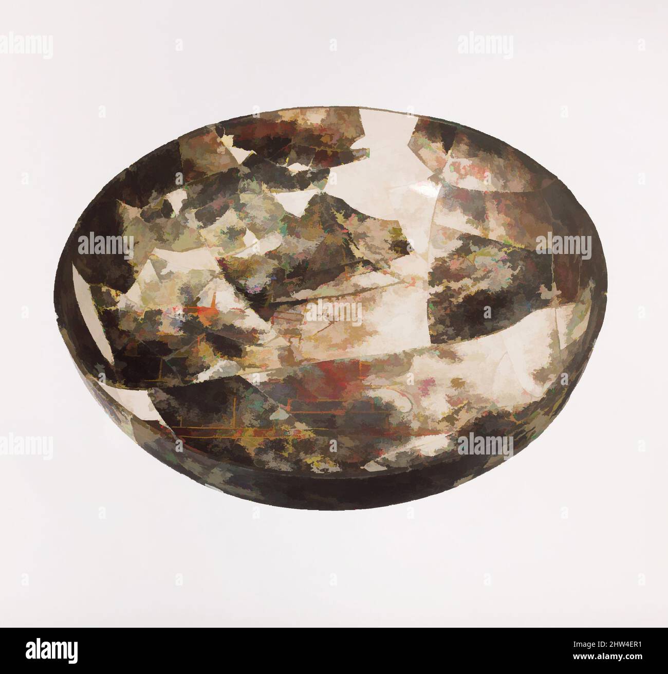 Kunst inspiriert von Glasschale mit gemalter Dekoration, hellenistisch, 3. Jahrhundert v. Chr., griechisch, Glas; Gegossen und lackiert, Durchmesser: 8 Zoll (20,3 cm), Glas, farblos; vergoldet und rot emailliert., geschliffen senkrechter Rand; unten abfallende und abgerundete Seite des Körpers; flacher Boden., Painted and, Classic Works modernisiert von Artotop mit einem Schuss Modernität. Formen, Farbe und Wert, auffällige visuelle Wirkung auf Kunst. Emotionen durch Freiheit von Kunstwerken auf zeitgemäße Weise. Eine zeitlose Botschaft, die eine wild kreative neue Richtung verfolgt. Künstler, die sich dem digitalen Medium zuwenden und die Artotop NFT erschaffen Stockfoto