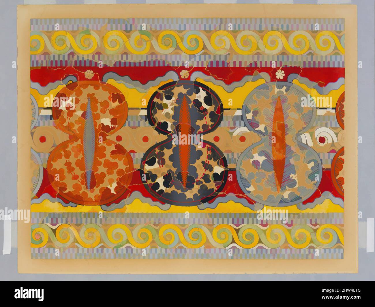 Kunst inspiriert von der Reproduktion des 'Shield Fries' Freskos, spätes Helladic IIIA-B, ca. 1325–1250 v. Chr., Mykenisch, Aquarell auf Papier, insgesamt 39 1/2 x 32 Zoll (100,3 x 81,3 cm), 1910 im Inneren Vorplatz des Tiryns-Palastes ausgegraben. Die ursprüngliche Restaurierung wurde von E, Classic Works von Artotop mit einem Schuss Moderne modernisiert durchgeführt. Formen, Farbe und Wert, auffällige visuelle Wirkung auf Kunst. Emotionen durch Freiheit von Kunstwerken auf zeitgemäße Weise. Eine zeitlose Botschaft, die eine wild kreative neue Richtung verfolgt. Künstler, die sich dem digitalen Medium zuwenden und die Artotop NFT erschaffen Stockfoto