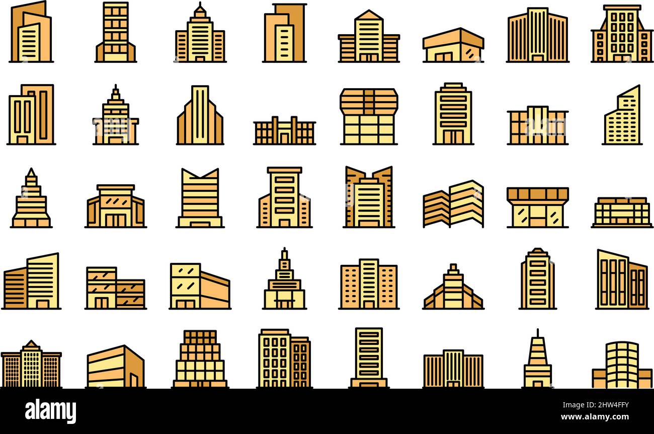 Symbole für das Business Center legen einen Gliederungsvektor fest. Hausarchitektur. Zentrale Stadt Stock Vektor