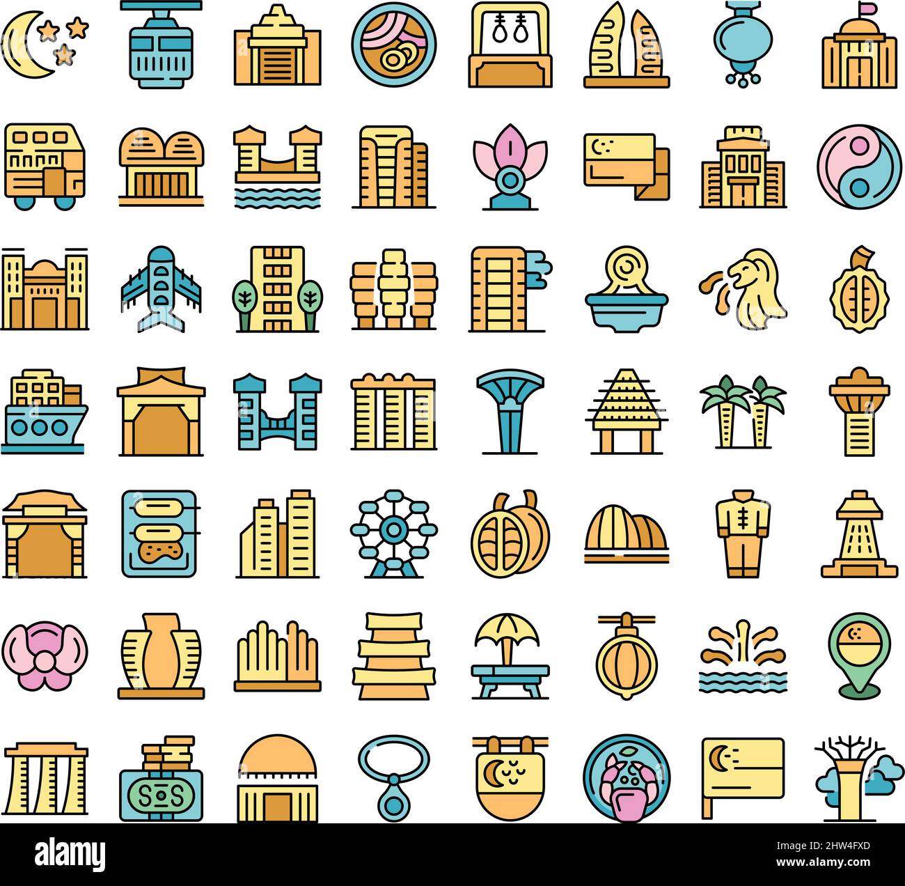 Symbole in Singapur setzen den Umrissvektor. Flughafenpark. Land der Stadt Stock Vektor