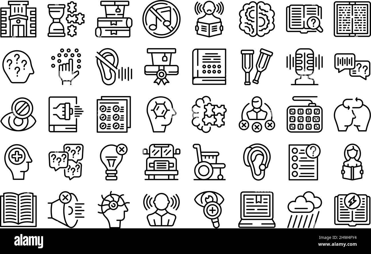 Symbole für Lernbehinderungen legen einen Umrissvektor fest. Inklusive Bildung. Schultest Stock Vektor