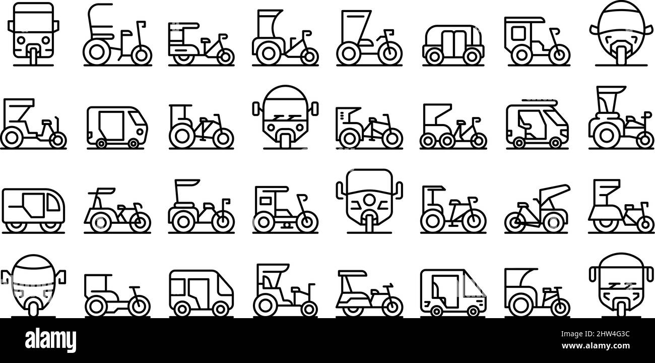 Trishaw-Symbole setzen den Umrissvektor. Fahrrad für Pediküre. Bike indian Stock Vektor