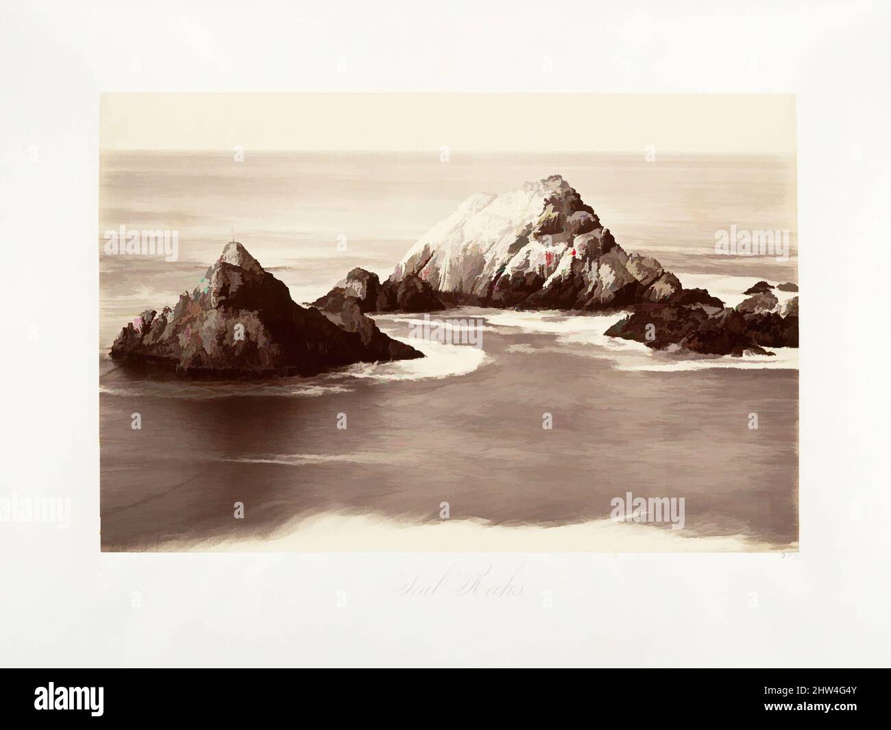 Kunst inspiriert von Seal Rocks, 1868–69, gedruckt ca. 1876, Albumen-Silberdruck aus Glasnegativ, Fotografien, Carleton E. Watkins (amerikanisch, 1829–1916, Klassische Werke, die von Artotop mit einem Schuss Moderne modernisiert wurden. Formen, Farbe und Wert, auffällige visuelle Wirkung auf Kunst. Emotionen durch Freiheit von Kunstwerken auf zeitgemäße Weise. Eine zeitlose Botschaft, die eine wild kreative neue Richtung verfolgt. Künstler, die sich dem digitalen Medium zuwenden und die Artotop NFT erschaffen Stockfoto