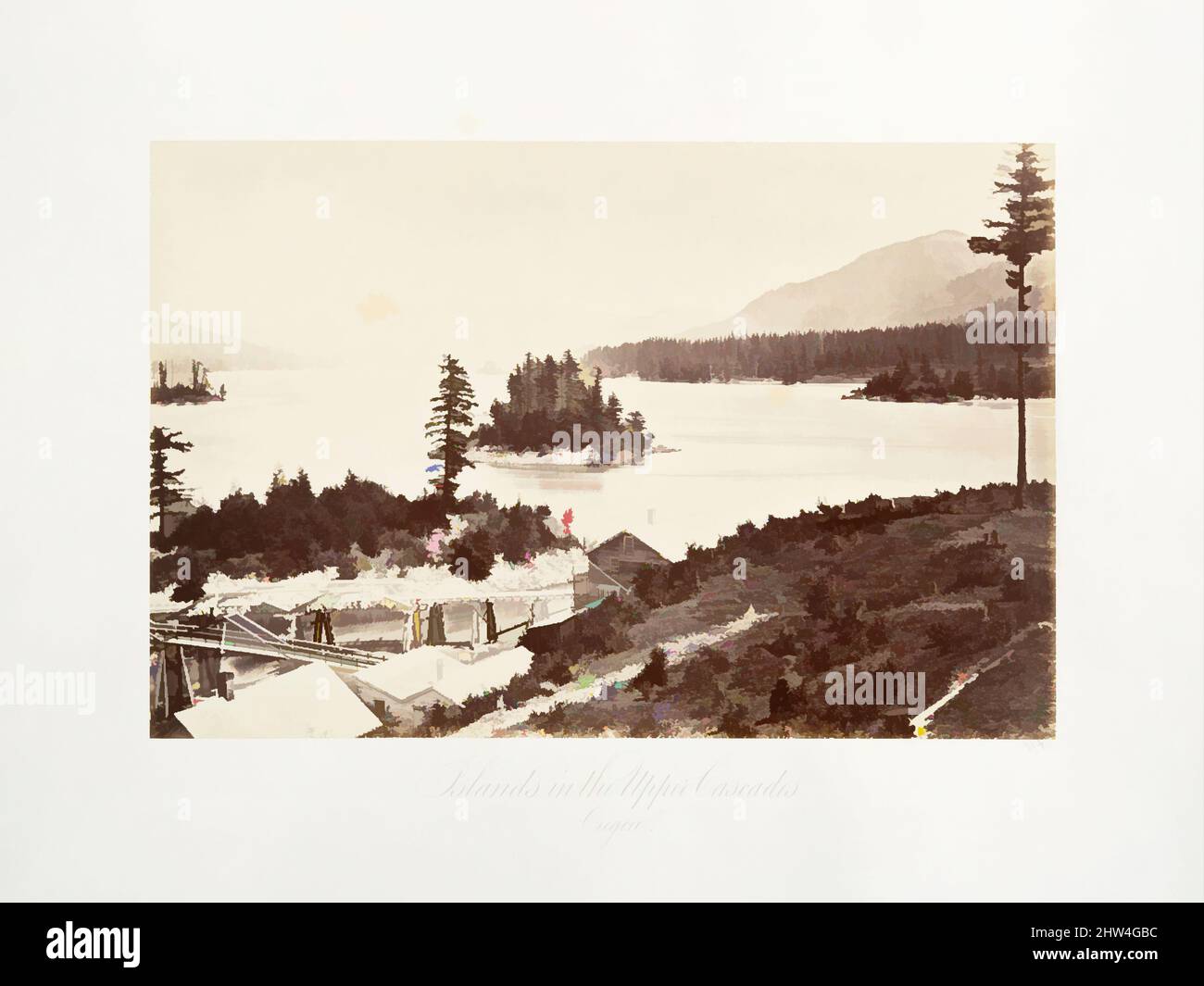 Art Inspired by Islands in the Upper Cascades, Oregon, 1867, gedruckt ca. 1876, Albumen-Silberdruck aus Glasnegativ, Fotografien, Carleton E. Watkins (amerikanisch, 1829–1916, Klassische Werke, die von Artotop mit einem Schuss Moderne modernisiert wurden. Formen, Farbe und Wert, auffällige visuelle Wirkung auf Kunst. Emotionen durch Freiheit von Kunstwerken auf zeitgemäße Weise. Eine zeitlose Botschaft, die eine wild kreative neue Richtung verfolgt. Künstler, die sich dem digitalen Medium zuwenden und die Artotop NFT erschaffen Stockfoto