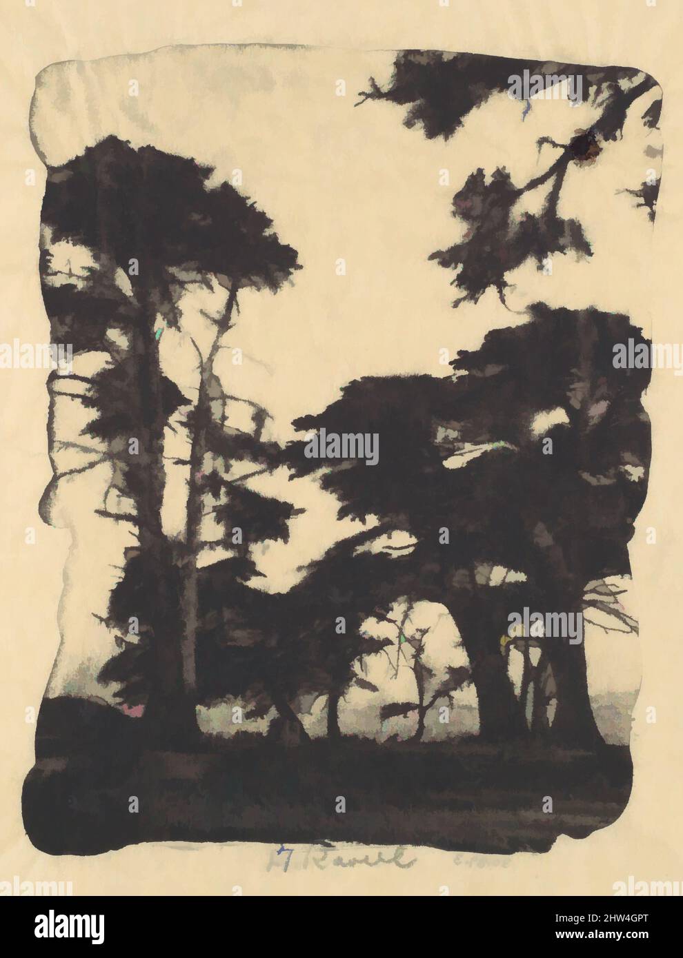 Kunst inspiriert von Cypress, Pebble Beach, Kalifornien, 1910s, Gum Bichromate Print, Fotografien, Henry Ravell (amerikanisch, 1860–1930, Klassische Werke, die von Artotop mit einem Schuss Moderne modernisiert wurden. Formen, Farbe und Wert, auffällige visuelle Wirkung auf Kunst. Emotionen durch Freiheit von Kunstwerken auf zeitgemäße Weise. Eine zeitlose Botschaft, die eine wild kreative neue Richtung verfolgt. Künstler, die sich dem digitalen Medium zuwenden und die Artotop NFT erschaffen Stockfoto