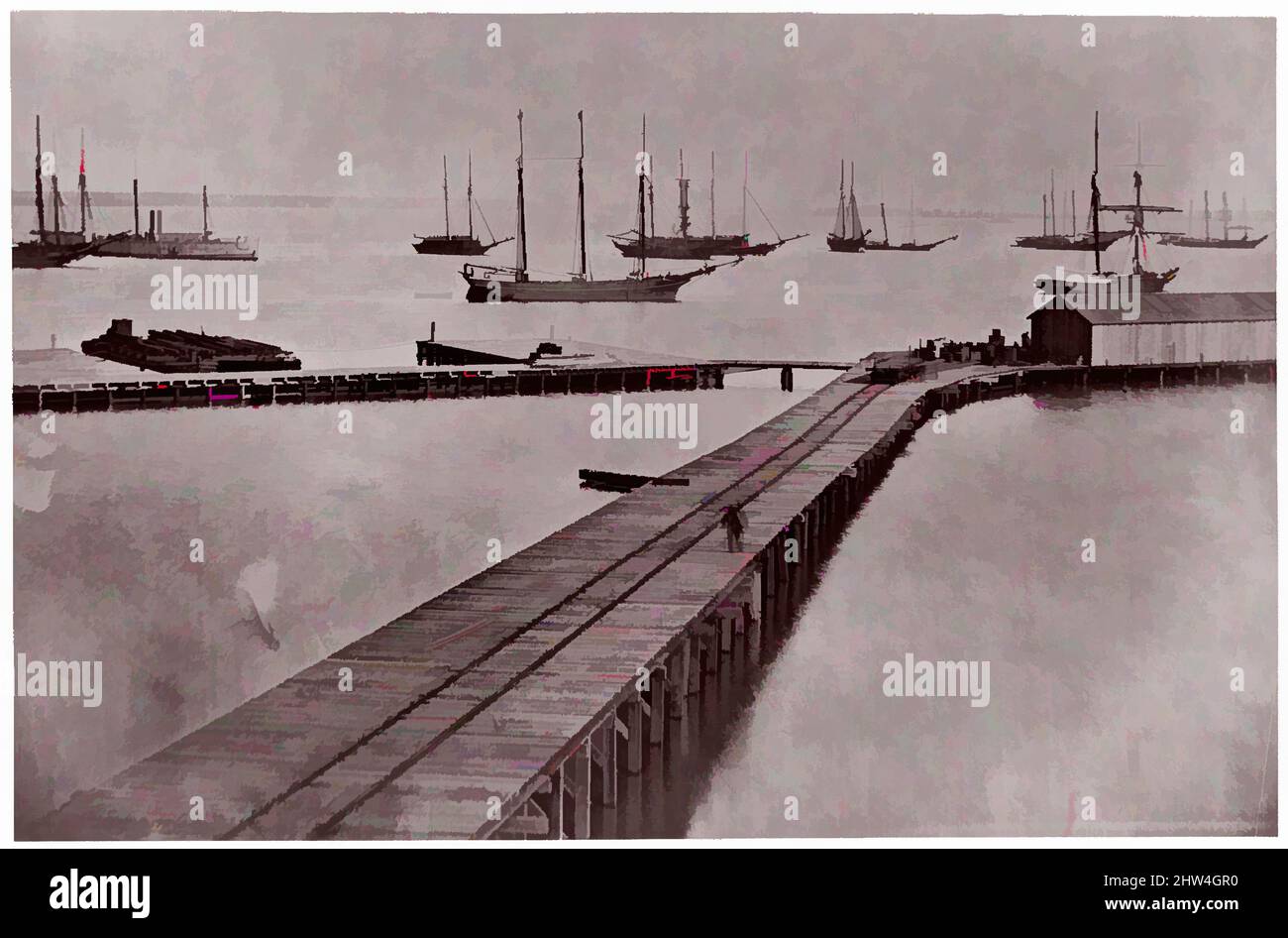 Kunst inspiriert von Kais am James River, City Point. Brady Album, S. 10, 1861–65, Albuminsilberdruck von Glasnegativ, 13,8 x 20,9 cm (5 7/16 x 8 1/4 Zoll ), Fotografien, Andrew Joseph Russell (Amerikaner, 1830–1902, Klassische Werke, die von Artotop mit einem Schuss Moderne modernisiert wurden. Formen, Farbe und Wert, auffällige visuelle Wirkung auf Kunst. Emotionen durch Freiheit von Kunstwerken auf zeitgemäße Weise. Eine zeitlose Botschaft, die eine wild kreative neue Richtung verfolgt. Künstler, die sich dem digitalen Medium zuwenden und die Artotop NFT erschaffen Stockfoto