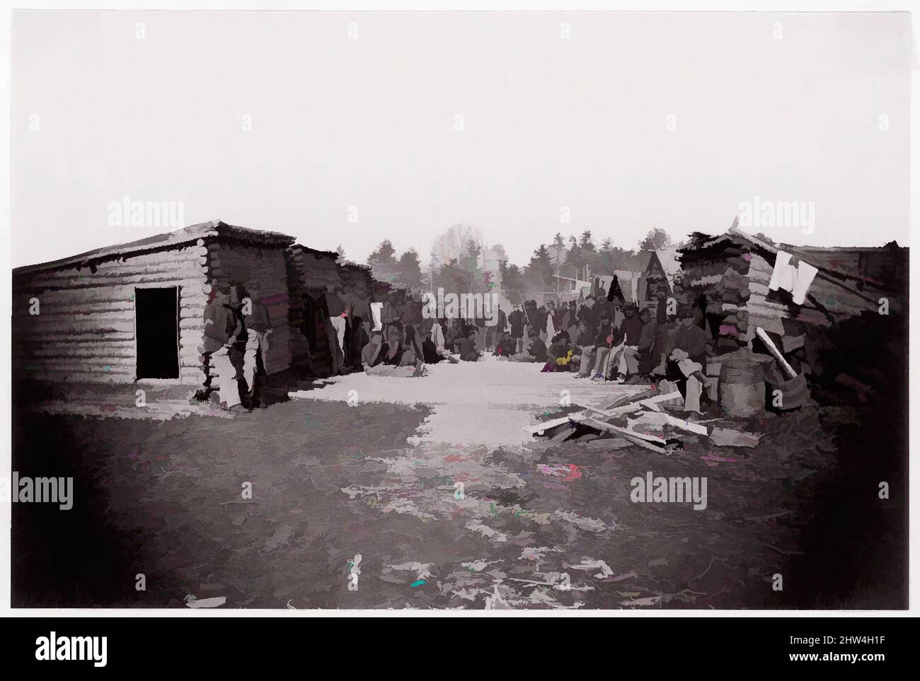 Kunst inspiriert von Winterquartieren, Truppen mit einer Reihe von Kabinen. Brady Album, S. 128, 1861–65, Albumen Silberdruck aus Glasnegativ, Fotografien, Klassische Werke, die von Artotop mit einem Schuss Moderne modernisiert wurden. Formen, Farbe und Wert, auffällige visuelle Wirkung auf Kunst. Emotionen durch Freiheit von Kunstwerken auf zeitgemäße Weise. Eine zeitlose Botschaft, die eine wild kreative neue Richtung verfolgt. Künstler, die sich dem digitalen Medium zuwenden und die Artotop NFT erschaffen Stockfoto