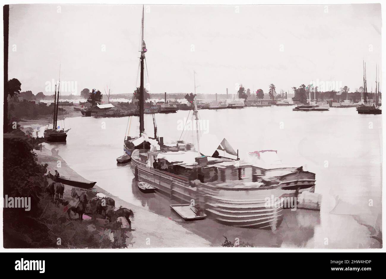 Kunst inspiriert von White House Landing, Pamunkey River, 1861–65, Albumen-Silberdruck aus Glasnegativ, Fotografien, Timothy H. O'Sullivan (Amerikaner, geboren Irland, 1840–1882, Klassische Werke, modernisiert von Artotop mit einem Schuss Moderne. Formen, Farbe und Wert, auffällige visuelle Wirkung auf Kunst. Emotionen durch Freiheit von Kunstwerken auf zeitgemäße Weise. Eine zeitlose Botschaft, die eine wild kreative neue Richtung verfolgt. Künstler, die sich dem digitalen Medium zuwenden und die Artotop NFT erschaffen Stockfoto