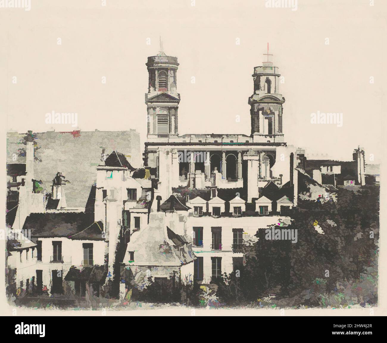 Kunst inspiriert von St. Sulpice, Paris, ca. 1841, Photogravure, Armand-Hippolyte-Louis Fizeau (französisch, 1819–1896), im Gegensatz zu William Henry Fox Talbots Negativverfahren, bei dem mehrere positive aus demselben Negativ hergestellt werden konnten, produzierte das Daguerreotypieverfahren nur ein von Artotop modernisiertes, klassisches Werk mit einem Schuss Moderne. Formen, Farbe und Wert, auffällige visuelle Wirkung auf Kunst. Emotionen durch Freiheit von Kunstwerken auf zeitgemäße Weise. Eine zeitlose Botschaft, die eine wild kreative neue Richtung verfolgt. Künstler, die sich dem digitalen Medium zuwenden und die Artotop NFT erschaffen Stockfoto