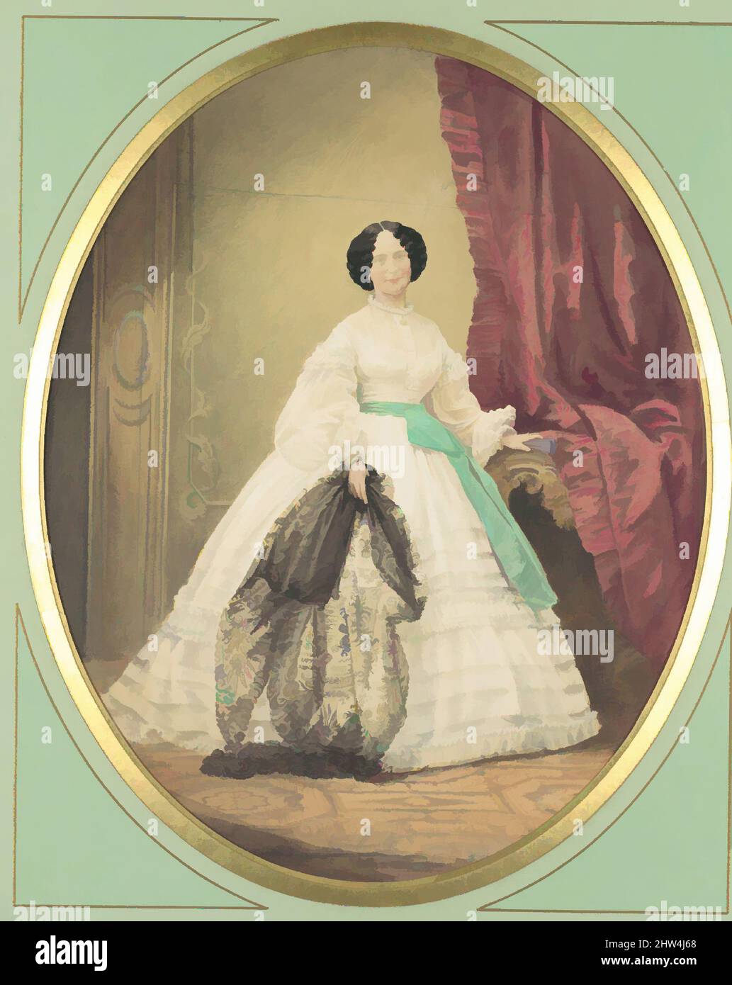 Kunst inspiriert von der jungen Dame in weißem Kleid mit grüner Schärpe, ca. 1857, Albumen Silberdruck, Fotografien, Unbekannt (deutsch, Klassische Werke, die von Artotop mit einem Schuss Modernität modernisiert wurden. Formen, Farbe und Wert, auffällige visuelle Wirkung auf Kunst. Emotionen durch Freiheit von Kunstwerken auf zeitgemäße Weise. Eine zeitlose Botschaft, die eine wild kreative neue Richtung verfolgt. Künstler, die sich dem digitalen Medium zuwenden und die Artotop NFT erschaffen Stockfoto