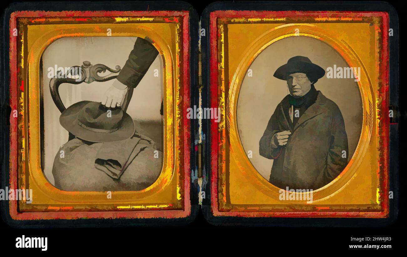 Kunst inspiriert von Cornelius Conway Felton mit Hut und Mantel, Anfang 1850s, Daguerreotype, sichtbar: Je 8,3 x 7 cm (3 1/4 x 2 3/4 Zoll), Fotografien, John Adams Whipple (American, 1822–1891), Dieses seltene Daguerreotypie-Diptychon zeigt Cornelius Conway Felton (1807–1862), Eliot Professor of, Klassische Werke, die von Artotop mit einem Schuss Moderne modernisiert wurden. Formen, Farbe und Wert, auffällige visuelle Wirkung auf Kunst. Emotionen durch Freiheit von Kunstwerken auf zeitgemäße Weise. Eine zeitlose Botschaft, die eine wild kreative neue Richtung verfolgt. Künstler, die sich dem digitalen Medium zuwenden und die Artotop NFT erschaffen Stockfoto