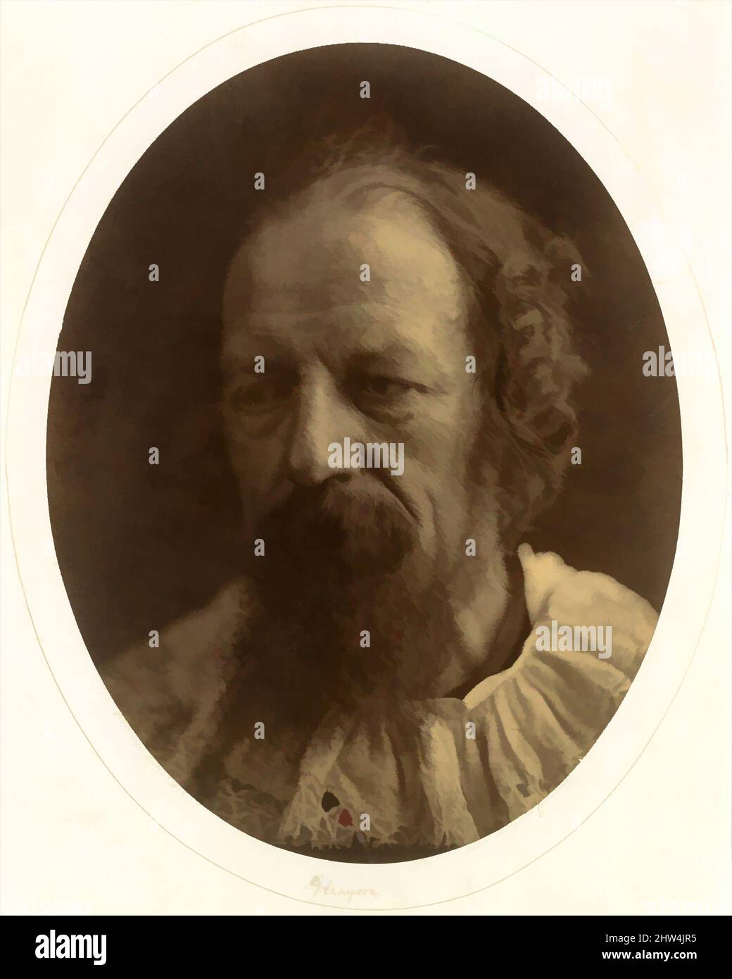 Kunst inspiriert von Alfred, Lord Tennyson, 4. Juli 1866, Albuminsilberdruck auf Glasnegativ, 35 x 27 cm (13 3/4 x 10 5/8 Zoll ) Irregulär, Fotografien, Julia Margaret Cameron (Britin (geb. Indien), Kalkutta 1815–1879 Kalutara, Ceylon), als Camerons Ehemann 1848 aus dem Ruhestand trat, die von Artotop modernisierten Classic Works mit einem Schuss Moderne. Formen, Farbe und Wert, auffällige visuelle Wirkung auf Kunst. Emotionen durch Freiheit von Kunstwerken auf zeitgemäße Weise. Eine zeitlose Botschaft, die eine wild kreative neue Richtung verfolgt. Künstler, die sich dem digitalen Medium zuwenden und die Artotop NFT erschaffen Stockfoto