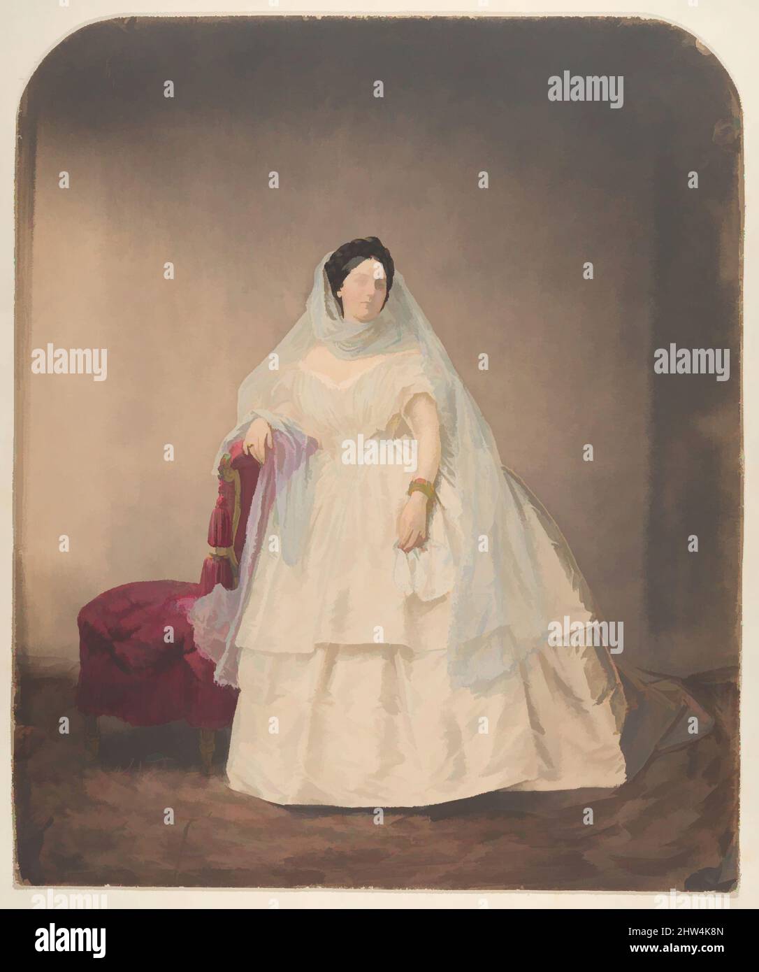 Art Inspired by Portrait in a White Dress, 1856–57, gedruckt 1861–66, gesalzener Papierdruck aus Glasnegativ, Bild: 32,5 x 27 cm (12 13/16 x 10 5/8 Zoll), Fotografien, Pierre-Louis Pierson (französisch, 1822–1913), gemalt und retuschiert von Aquilin Schad (österreichisch, 1817–1866, Klassische Werke, die von Artotop mit einem Schuss Moderne modernisiert wurden. Formen, Farbe und Wert, auffällige visuelle Wirkung auf Kunst. Emotionen durch Freiheit von Kunstwerken auf zeitgemäße Weise. Eine zeitlose Botschaft, die eine wild kreative neue Richtung verfolgt. Künstler, die sich dem digitalen Medium zuwenden und die Artotop NFT erschaffen Stockfoto