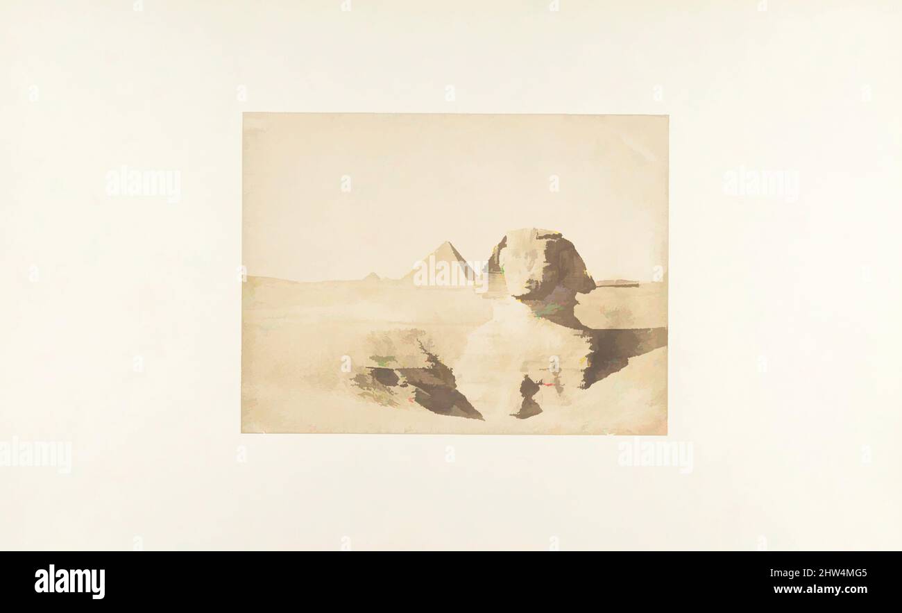 Kunst inspiriert von Vue du Grand Sphinx et de la grande Pyramide de Menkazeh (Mycerinus), Dezember 1849, gesalzener Papierdruck aus Papiernegativ, Bild: 6 3/8 × 8 7/16 in. (16,2 × 21,4 cm), Fotografien, Maxime Du Camp (Französisch, 1822–1894, Klassische Werke, die von Artotop mit einem Schuss Moderne modernisiert wurden. Formen, Farbe und Wert, auffällige visuelle Wirkung auf Kunst. Emotionen durch Freiheit von Kunstwerken auf zeitgemäße Weise. Eine zeitlose Botschaft, die eine wild kreative neue Richtung verfolgt. Künstler, die sich dem digitalen Medium zuwenden und die Artotop NFT erschaffen Stockfoto