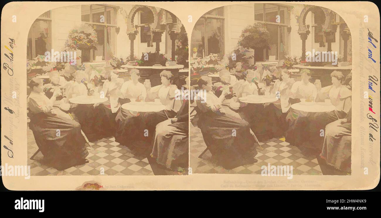 Art Inspired by Group of 4 Stereograph Views of Berlin Beer Gardens, 1850s–1910s, Albumen-Silberdrucke, Montierungen ca.: 8,9 x 17,8 cm (3 1/2 x 7 Zoll), Fotografien, Bert Underwood (Amerikaner), Benneville Lloyd Singley (Amerikaner, Union Township, Pennsylvania 1864–1938 Meadville, Klassische Werke, die von Artotop mit einem Schuss Moderne modernisiert wurden. Formen, Farbe und Wert, auffällige visuelle Wirkung auf Kunst. Emotionen durch Freiheit von Kunstwerken auf zeitgemäße Weise. Eine zeitlose Botschaft, die eine wild kreative neue Richtung verfolgt. Künstler, die sich dem digitalen Medium zuwenden und die Artotop NFT erschaffen Stockfoto