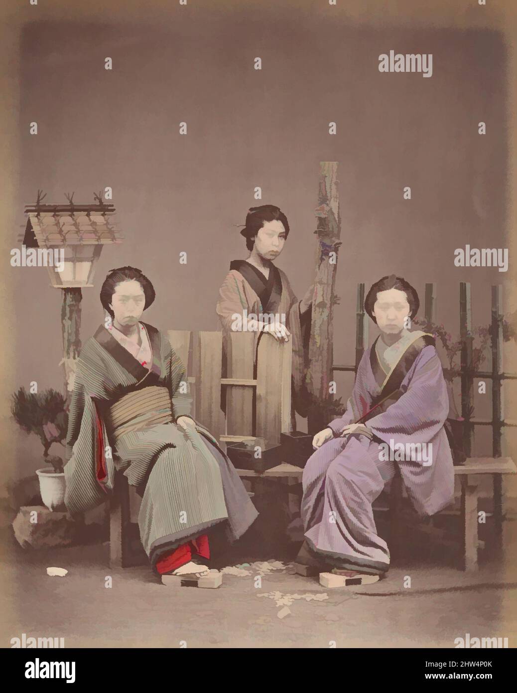 Art Inspired by Japanese Women in Traditional Dress, 1870s, Albumin-Silberdruck aus Glasnegativ, 25,2 x 20 cm (9 15/16 x 7 7/8 Zoll), Fotografien, Suzuki Shin'ichi (Japanisch, 1835–1919, Klassische Werke, die von Artotop mit einem Schuss Moderne modernisiert wurden. Formen, Farbe und Wert, auffällige visuelle Wirkung auf Kunst. Emotionen durch Freiheit von Kunstwerken auf zeitgemäße Weise. Eine zeitlose Botschaft, die eine wild kreative neue Richtung verfolgt. Künstler, die sich dem digitalen Medium zuwenden und die Artotop NFT erschaffen Stockfoto