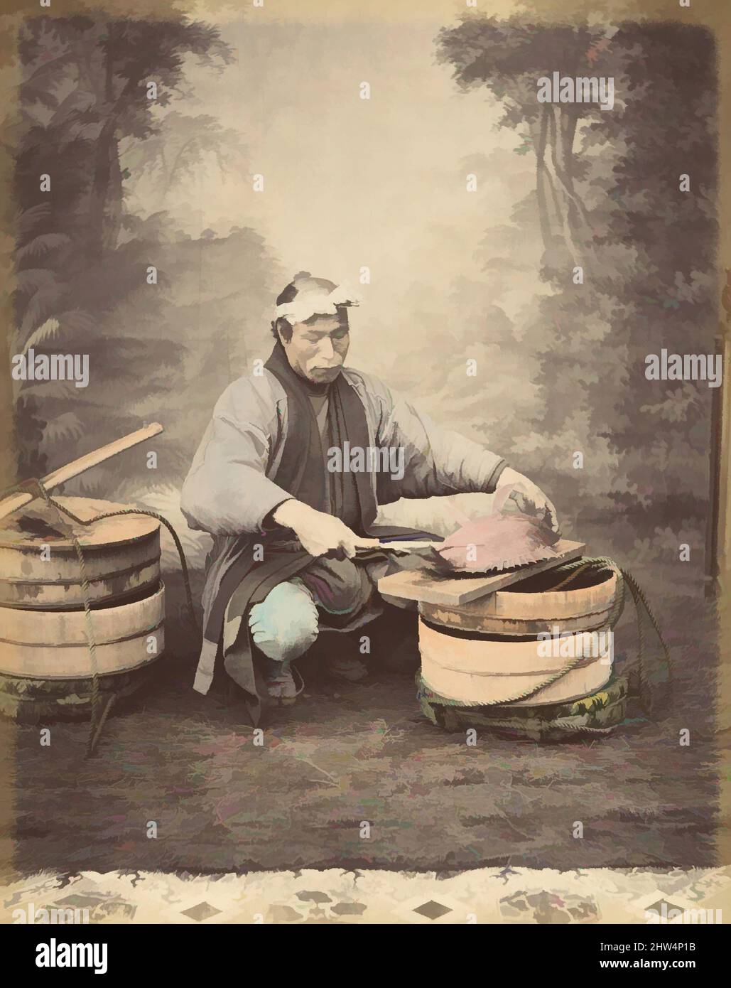 Art Inspired by Japanese man Preparing a Fish, 1870s, Albumin-Silberdruck aus Glasnegativ, 25,2 x 19,9 cm (9 15/16 x 7 13/16 Zoll), Fotografien, Suzuki Shin'ichi (Japanisch, 1835–1919, Klassische Werke, die von Artotop mit einem Schuss Moderne modernisiert wurden. Formen, Farbe und Wert, auffällige visuelle Wirkung auf Kunst. Emotionen durch Freiheit von Kunstwerken auf zeitgemäße Weise. Eine zeitlose Botschaft, die eine wild kreative neue Richtung verfolgt. Künstler, die sich dem digitalen Medium zuwenden und die Artotop NFT erschaffen Stockfoto