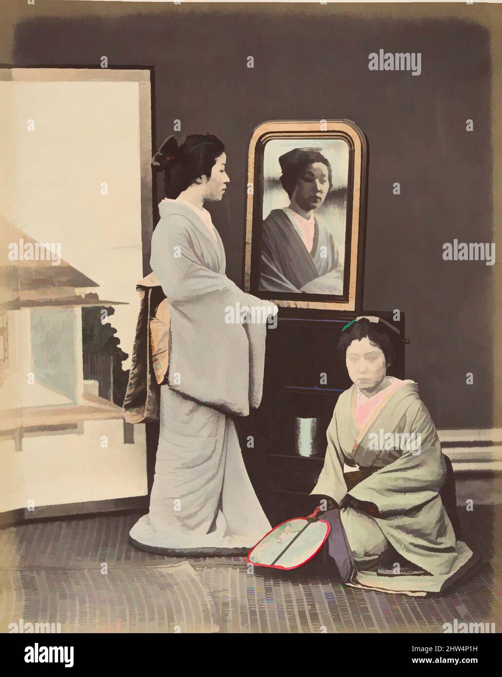 Art Inspired by Japanese Women in Traditional Dress, 1870s, Albumin-Silberdruck aus Glasnegativ, 25,2 x 20 cm (9 15/16 x 7 7/8 Zoll), Fotografien, Suzuki Shin'ichi (Japanisch, 1835–1919, Klassische Werke, die von Artotop mit einem Schuss Moderne modernisiert wurden. Formen, Farbe und Wert, auffällige visuelle Wirkung auf Kunst. Emotionen durch Freiheit von Kunstwerken auf zeitgemäße Weise. Eine zeitlose Botschaft, die eine wild kreative neue Richtung verfolgt. Künstler, die sich dem digitalen Medium zuwenden und die Artotop NFT erschaffen Stockfoto