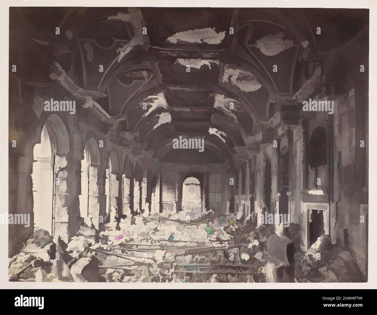Art inspired by Grande Salle du Conseil d'Etat, Mai 1871, Albumen Silberdruck von Glasnegativ, Bild: 19 x 24,9 cm (7 1/2 x 9 13/16 in.), Fotografien, Charles Soulier (französisch, 1840–1875), Soulier's Foto zeigt die verkohlten Überreste des einst prunkvollen Publikumsallsaals der von Artotop modernisierten Classic Works mit einem Schuss Moderne. Formen, Farbe und Wert, auffällige visuelle Wirkung auf Kunst. Emotionen durch Freiheit von Kunstwerken auf zeitgemäße Weise. Eine zeitlose Botschaft, die eine wild kreative neue Richtung verfolgt. Künstler, die sich dem digitalen Medium zuwenden und die Artotop NFT erschaffen Stockfoto