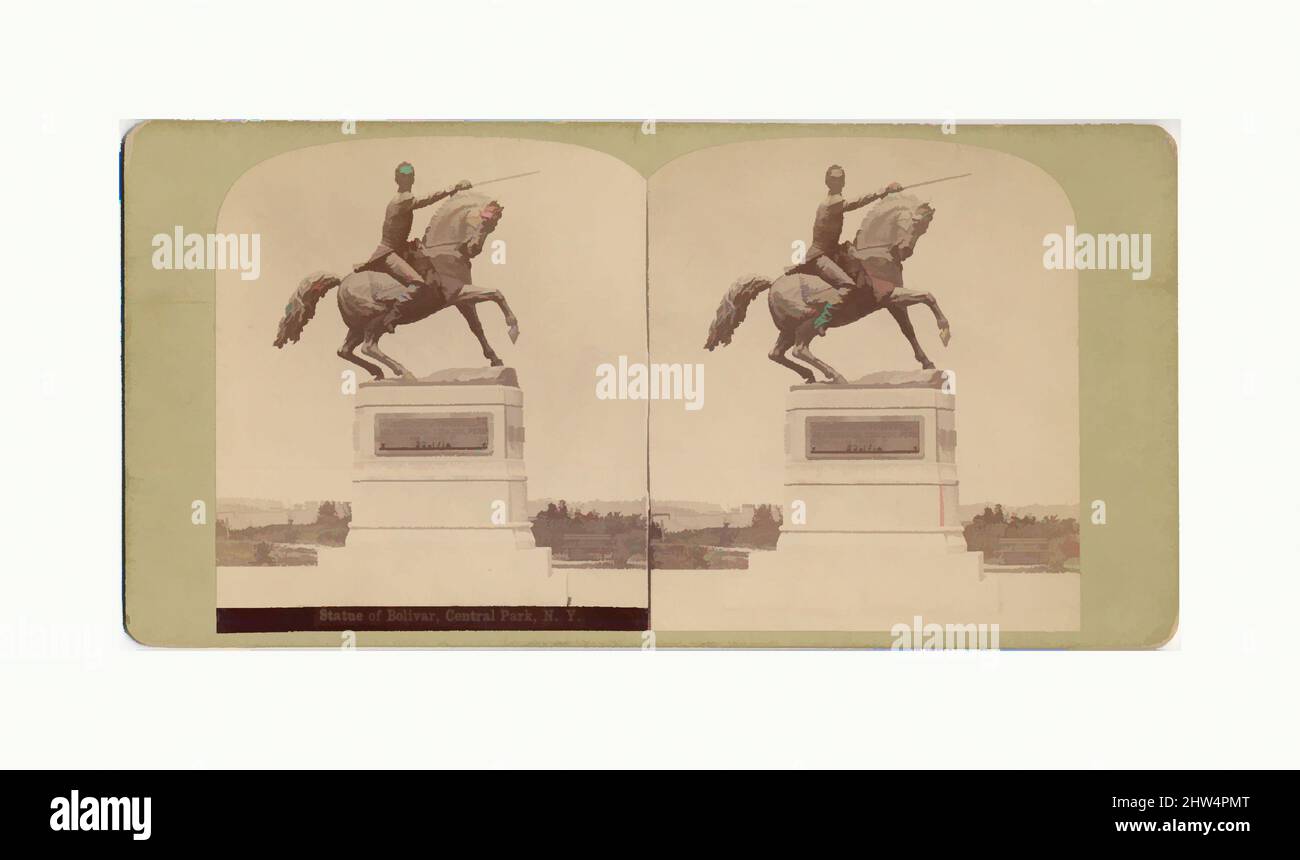Kunst inspiriert von Stereographic View of Statue of Simon Bolivar von R. de la Cora, Central Park, New York, 1884–98, Gelatine-Silberdruck aus Glasnegativ, Bild: 8,3 x 14,5 cm (3 1/4 x 5 11/16 Zoll), insgesamt, Fotografien, Klassische Werke, die von Artotop mit einem Schuss Moderne modernisiert wurden. Formen, Farbe und Wert, auffällige visuelle Wirkung auf Kunst. Emotionen durch Freiheit von Kunstwerken auf zeitgemäße Weise. Eine zeitlose Botschaft, die eine wild kreative neue Richtung verfolgt. Künstler, die sich dem digitalen Medium zuwenden und die Artotop NFT erschaffen Stockfoto