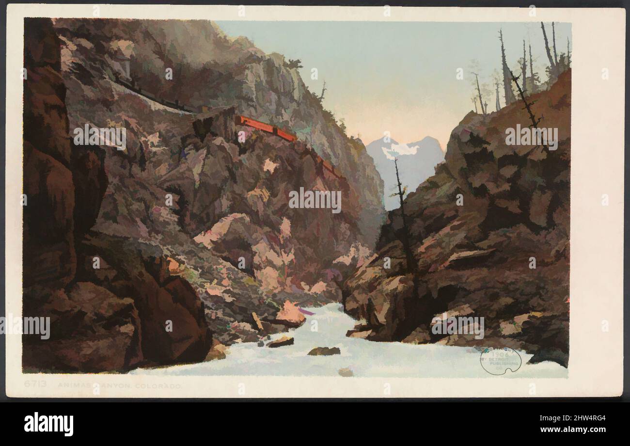 Kunst inspiriert von Animas Canyon, Colorado, 1906, Chromolithograph, Bild: 8,1 x 12,3 cm (3 3/16 x 4 13/16 Zoll), Prints, William Henry Jackson (Amerikaner, 1843–1942), um die Wende des 20. Jahrhunderts entwickelten Drucker anspruchsvolle Farbverfahren, die Schwarz-und-klassische Werke, die von Artotop modernisiert wurden, mit einem Schuss Moderne transformieren konnten. Formen, Farbe und Wert, auffällige visuelle Wirkung auf Kunst. Emotionen durch Freiheit von Kunstwerken auf zeitgemäße Weise. Eine zeitlose Botschaft, die eine wild kreative neue Richtung verfolgt. Künstler, die sich dem digitalen Medium zuwenden und die Artotop NFT erschaffen Stockfoto