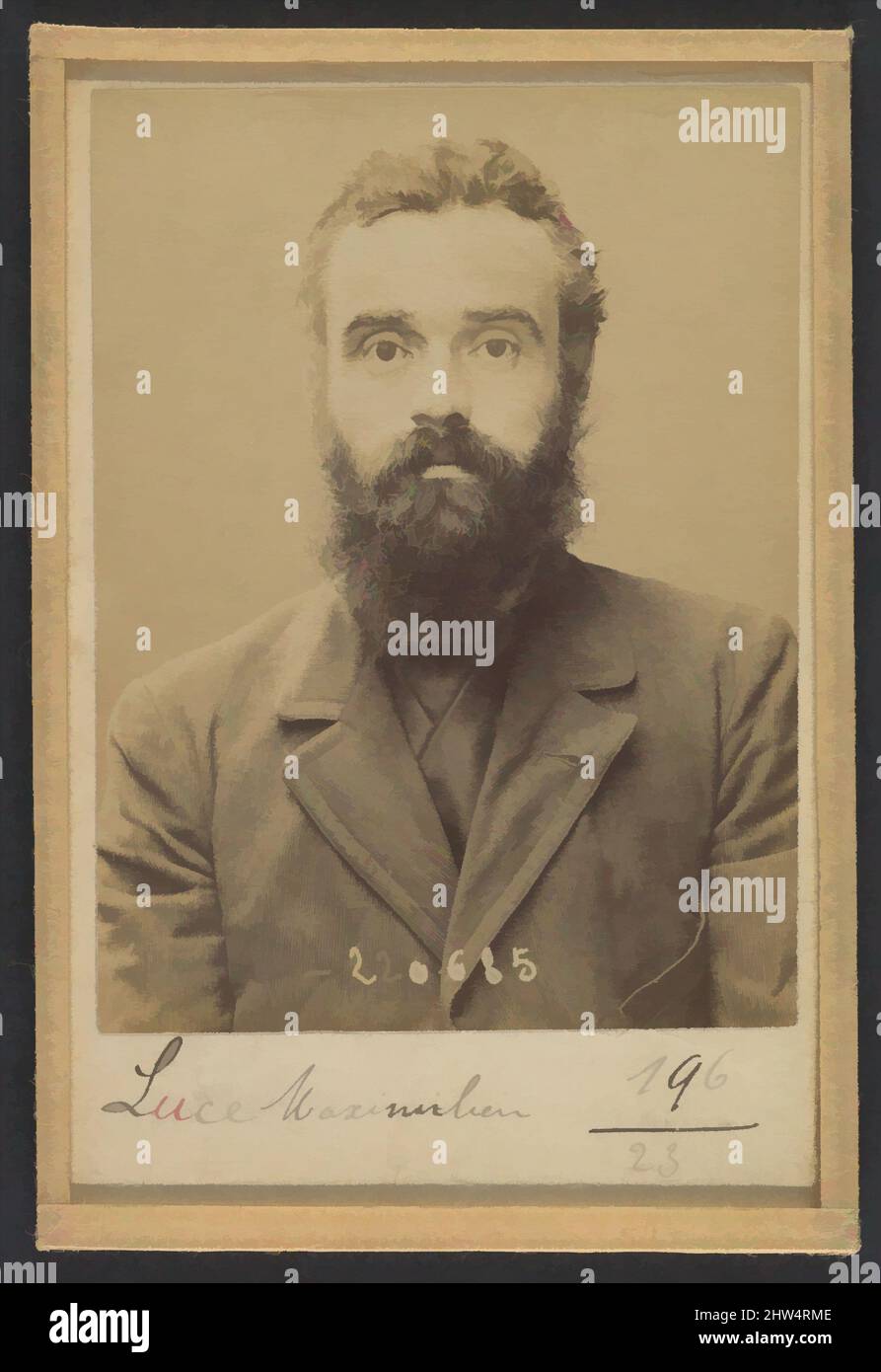 Kunst inspiriert von Luce. Maximilien. 36 ans, né le 13/3/58 à Paris VIIE. Artiste-peintre. Anarchiste. 6/7/94., 1894, Albumen-Silberdruck aus Glasnegativ, 10,5 x 7 x 0,5 cm (4 1/8 x 2 3/4 x 3/16 Zoll), Fotografien, Alphonse Bertillon (französisch, 1853–1914), geboren in einem vornehmen, klassischen Werk, das von Artotop mit einem Schuss Moderne modernisiert wurde. Formen, Farbe und Wert, auffällige visuelle Wirkung auf Kunst. Emotionen durch Freiheit von Kunstwerken auf zeitgemäße Weise. Eine zeitlose Botschaft, die eine wild kreative neue Richtung verfolgt. Künstler, die sich dem digitalen Medium zuwenden und die Artotop NFT erschaffen Stockfoto