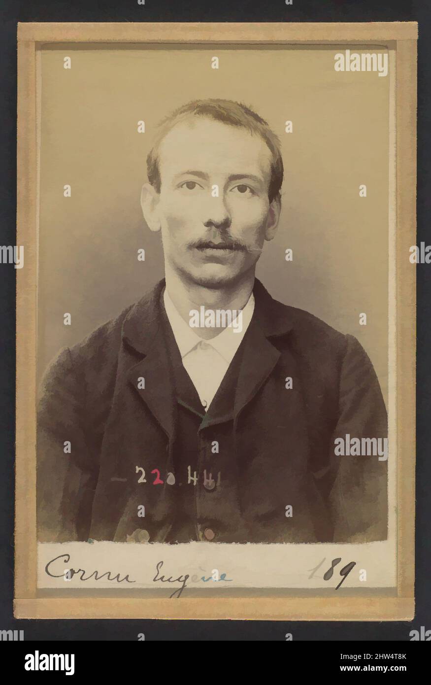 Kunst inspiriert von Cornu. Eugène. 25 ans, né à Paris XXe le 27/3/94. Cordonnier. Anarchiste. 2/7/94., 1894, Albumen-Silberdruck aus Glasnegativ, je 10,5 x 7 x 0,5 cm (4 1/8 x 2 3/4 x 3/16 Zoll), Fotografien, Alphonse Bertillon (französisch, 1853–1914), geboren in einer angesehenen Familie klassischer Werke, die von Artotop mit einem Schuss Moderne modernisiert wurden. Formen, Farbe und Wert, auffällige visuelle Wirkung auf Kunst. Emotionen durch Freiheit von Kunstwerken auf zeitgemäße Weise. Eine zeitlose Botschaft, die eine wild kreative neue Richtung verfolgt. Künstler, die sich dem digitalen Medium zuwenden und die Artotop NFT erschaffen Stockfoto