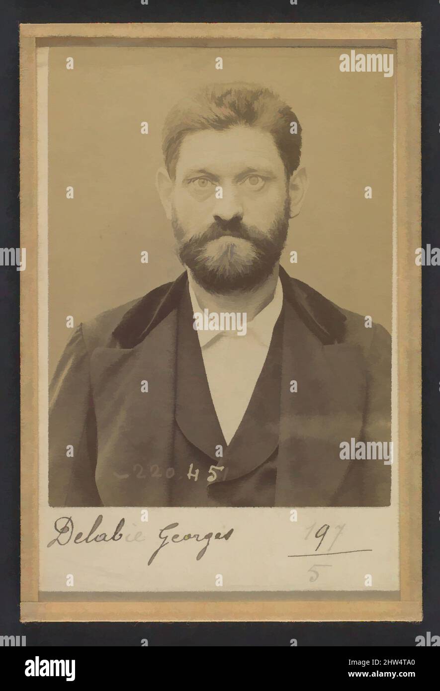Von Delabie inspirierte Kunst. Georges. 43 ans, né le 30/10/50 à ganaches (Somme). Mécanicien. Anarchiste. 2/7/94., 1894, Albumen-Silberdruck von Glasnegativ, je 10,5 x 7 x 0,5 cm (4 1/8 x 2 3/4 x 3/16 in.), Fotografien, Alphonse Bertillon (französisch, 1853–1914), Born into a, Klassische Werke, die von Artotop mit einem Hauch von Moderne modernisiert wurden. Formen, Farbe und Wert, auffällige visuelle Wirkung auf Kunst. Emotionen durch Freiheit von Kunstwerken auf zeitgemäße Weise. Eine zeitlose Botschaft, die eine wild kreative neue Richtung verfolgt. Künstler, die sich dem digitalen Medium zuwenden und die Artotop NFT erschaffen Stockfoto