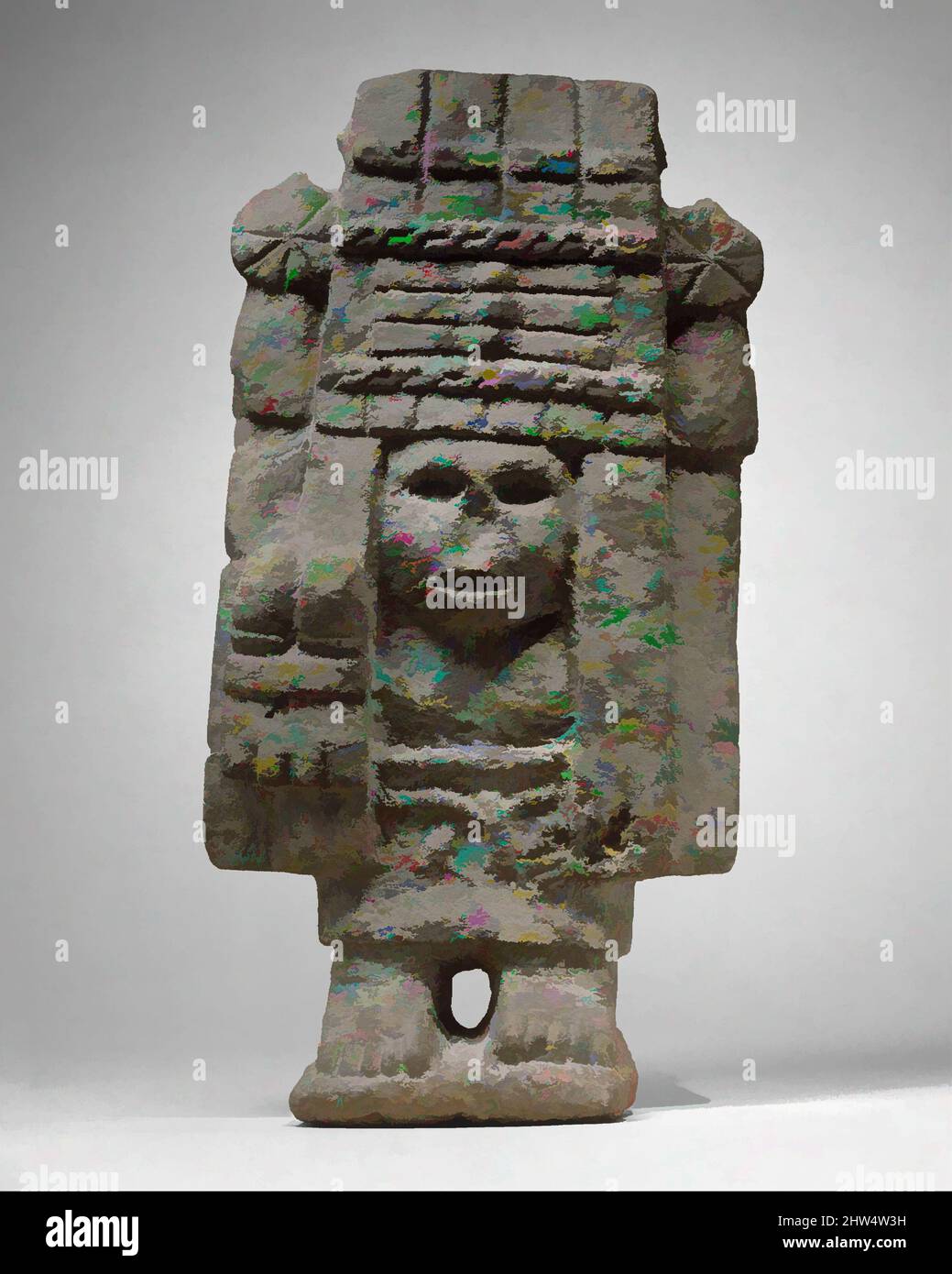 Kunst inspiriert von der Maisgottheit (Chicomecoatl), 15..–Anfang des 16.. Jahrhunderts, Mexiko, Mesoamerika, Azteken, Basalt, insgesamt: 14 x 7 1/8 x 3 1/2 Zoll (35,56 x 18,11 x 8,89 cm), Steinskulptur, unter den vielen weiblichen Gottheiten, die von den Azteken verehrt werden, die für die landwirtschaftliche Fruchtbarkeit verantwortlich sind, werden die von Artotop modernisierten Klassischen Werke mit einem Schuss Moderne gehalten. Formen, Farbe und Wert, auffällige visuelle Wirkung auf Kunst. Emotionen durch Freiheit von Kunstwerken auf zeitgemäße Weise. Eine zeitlose Botschaft, die eine wild kreative neue Richtung verfolgt. Künstler, die sich dem digitalen Medium zuwenden und die Artotop NFT erschaffen Stockfoto