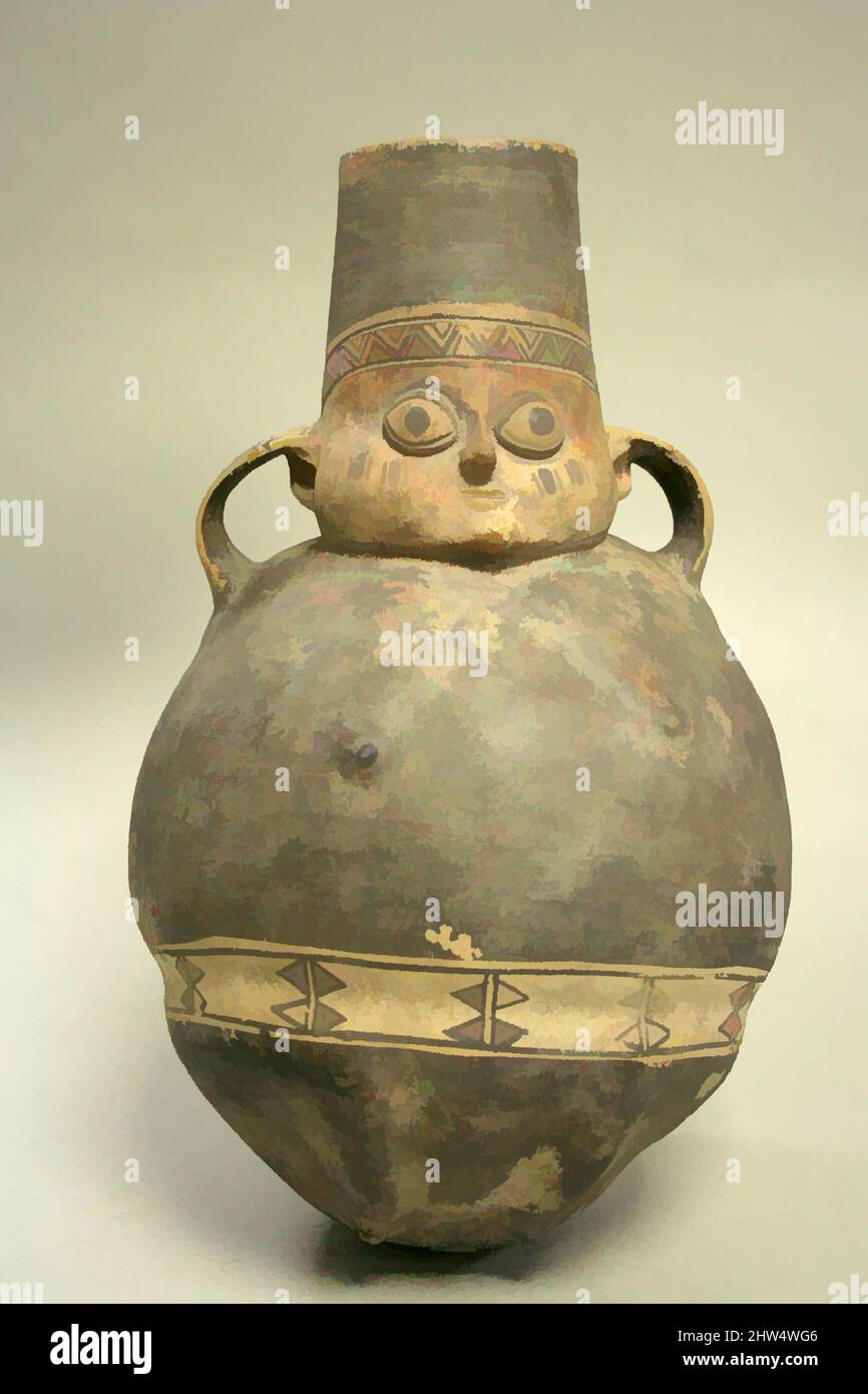 Kunst inspiriert von einer Flasche mit einem Auslauf in Figurenform, 12.–14. Jahrhundert, Peru, Chancay, Keramik, Höhe: 15 3/4in. (40cm), Keramik-Behälter, Klassisches Werk, modernisiert von Artotop mit einem Schuss Moderne. Formen, Farbe und Wert, auffällige visuelle Wirkung auf Kunst. Emotionen durch Freiheit von Kunstwerken auf zeitgemäße Weise. Eine zeitlose Botschaft, die eine wild kreative neue Richtung verfolgt. Künstler, die sich dem digitalen Medium zuwenden und die Artotop NFT erschaffen Stockfoto