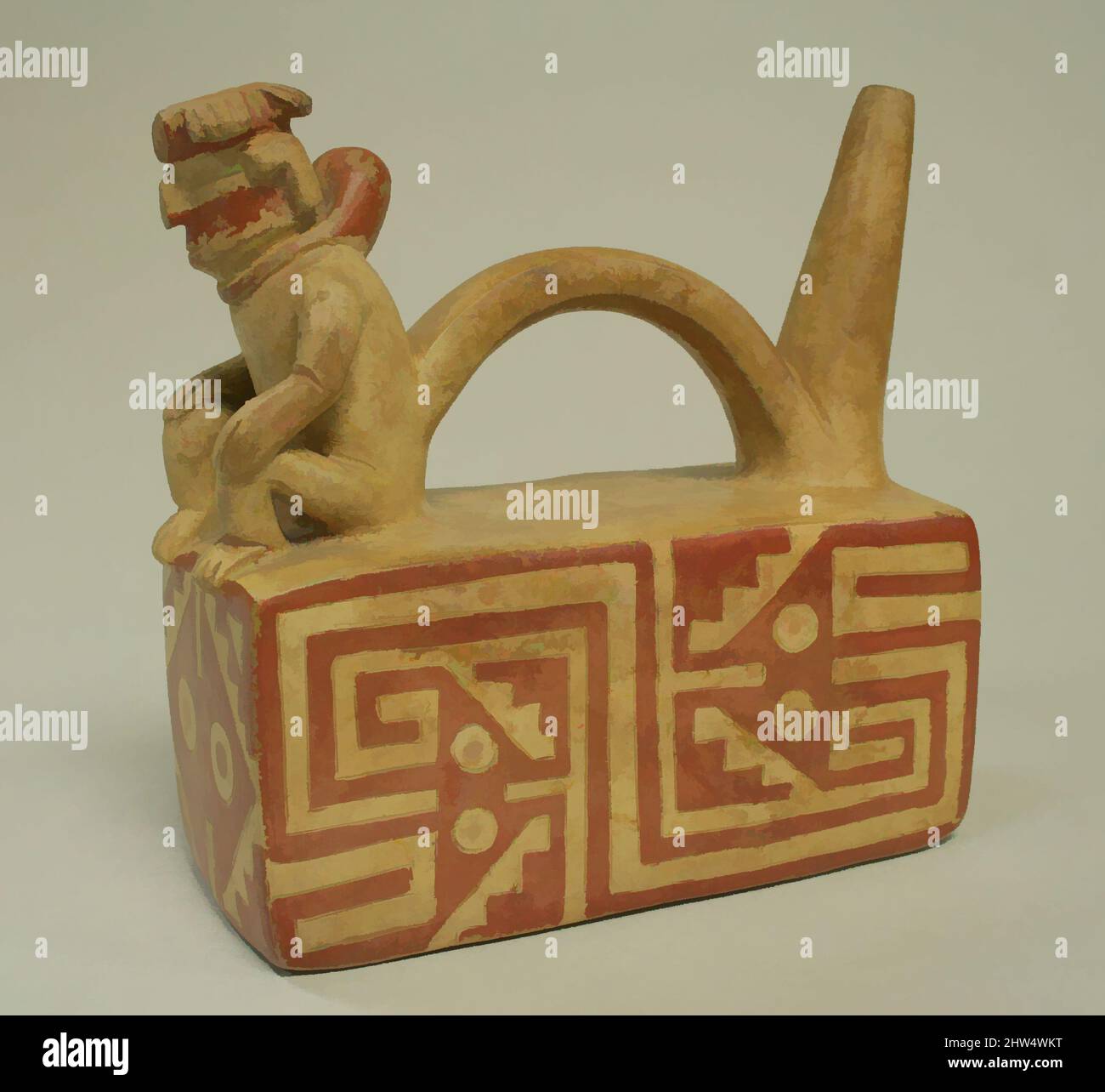 Kunst inspiriert von Brücke und Auslauf Flasche mit Figur auf Thron, 2. Jahrhundert, Peru, Viru, Keramik, Höhe 6-1/8 in., Keramik-Behälter, Classic Works modernisiert von Artotop mit einem Schuss Moderne. Formen, Farbe und Wert, auffällige visuelle Wirkung auf Kunst. Emotionen durch Freiheit von Kunstwerken auf zeitgemäße Weise. Eine zeitlose Botschaft, die eine wild kreative neue Richtung verfolgt. Künstler, die sich dem digitalen Medium zuwenden und die Artotop NFT erschaffen Stockfoto
