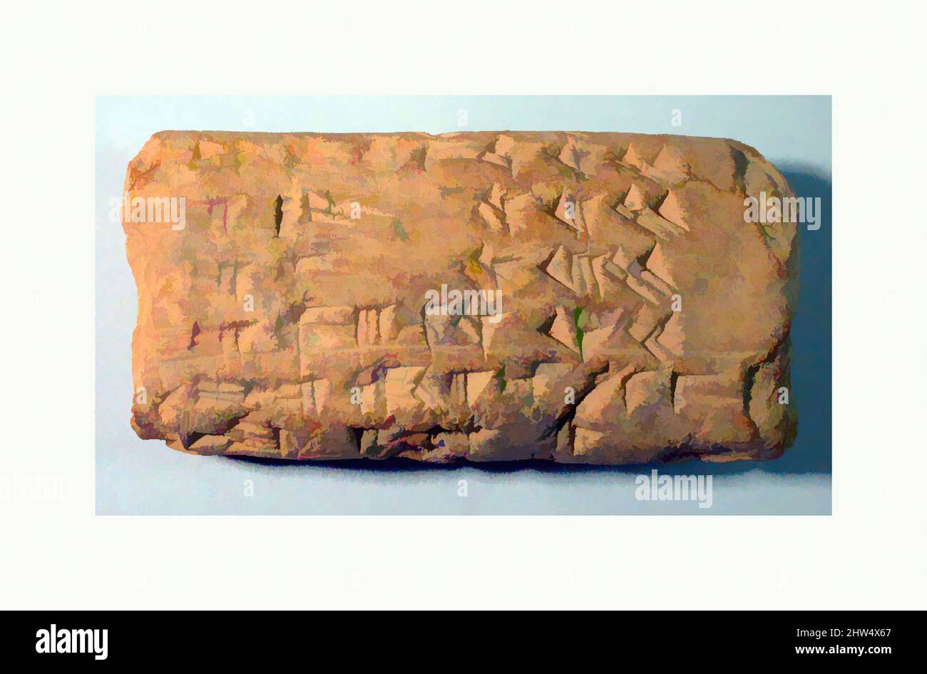 Kunst inspiriert von Cuneiform Tablette: Mehllieferungen zur Miete, Ebabbar Archiv, Neo-Babylonisch, ca. 7.–6.. Jahrhundert v. Chr., Mesopotamien, wahrscheinlich aus Sippar (modernes Tell Abu Habba), babylonisch, Ton, 1,1 x 2,36 x .77 Zoll (2,8 x 6 x 1,95 cm), Clay-Tablets-Inschrift, Classic Works modernisiert von Artotop mit einem Schuss Moderne. Formen, Farbe und Wert, auffällige visuelle Wirkung auf Kunst. Emotionen durch Freiheit von Kunstwerken auf zeitgemäße Weise. Eine zeitlose Botschaft, die eine wild kreative neue Richtung verfolgt. Künstler, die sich dem digitalen Medium zuwenden und die Artotop NFT erschaffen Stockfoto