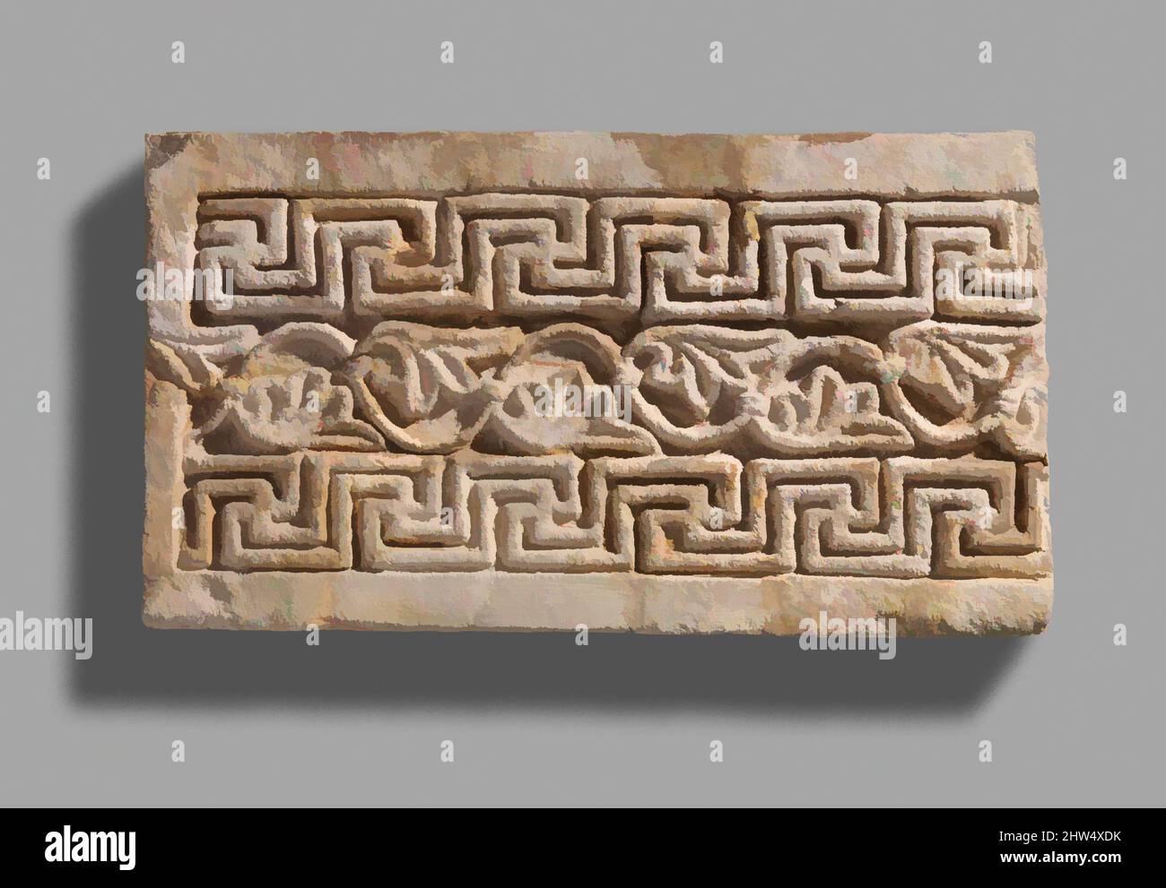 Kunst inspiriert von Wanddekoration von Ctesiphon, Sasanian, ca. 6.. Jahrhundert n. Chr., Mesopotamien, Ctesiphon, Sasanian, Stuck, 8,5 x 15 Zoll (21,59 x 38,1 cm), Stuckreliefs, Klassisches Werk, das von Artotop mit einem Schuss Moderne modernisiert wurde. Formen, Farbe und Wert, auffällige visuelle Wirkung auf Kunst. Emotionen durch Freiheit von Kunstwerken auf zeitgemäße Weise. Eine zeitlose Botschaft, die eine wild kreative neue Richtung verfolgt. Künstler, die sich dem digitalen Medium zuwenden und die Artotop NFT erschaffen Stockfoto