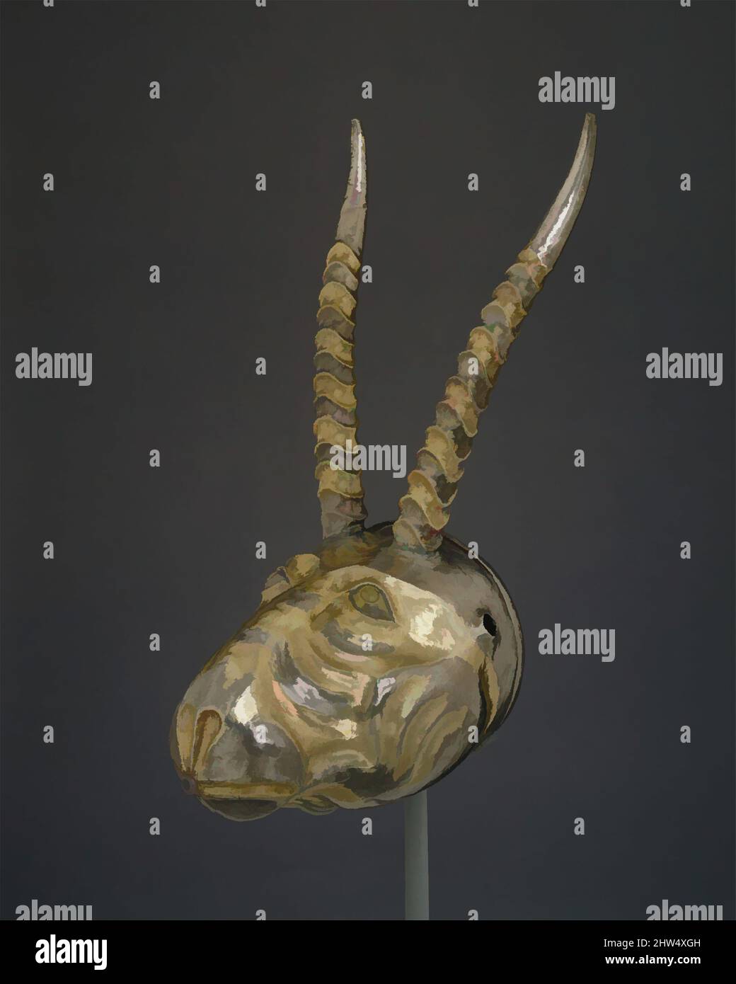 Von Rhyton inspirierte Kunst in Form eines Saiga-Antilopenkopfes, Sasanian, ca. 5.–6.. Jahrhundert n. Chr., Polen, angeblich aus Choniakow, Wolhynia, Sasanian, Silber-vergoldet, 11,1 x 7,09 Zoll (28,19 x 18,01 cm), Metallbearbeitungsgefäße, von Artotop modernisierte Classic Works mit einem Schuss Modernität. Formen, Farbe und Wert, auffällige visuelle Wirkung auf Kunst. Emotionen durch Freiheit von Kunstwerken auf zeitgemäße Weise. Eine zeitlose Botschaft, die eine wild kreative neue Richtung verfolgt. Künstler, die sich dem digitalen Medium zuwenden und die Artotop NFT erschaffen Stockfoto