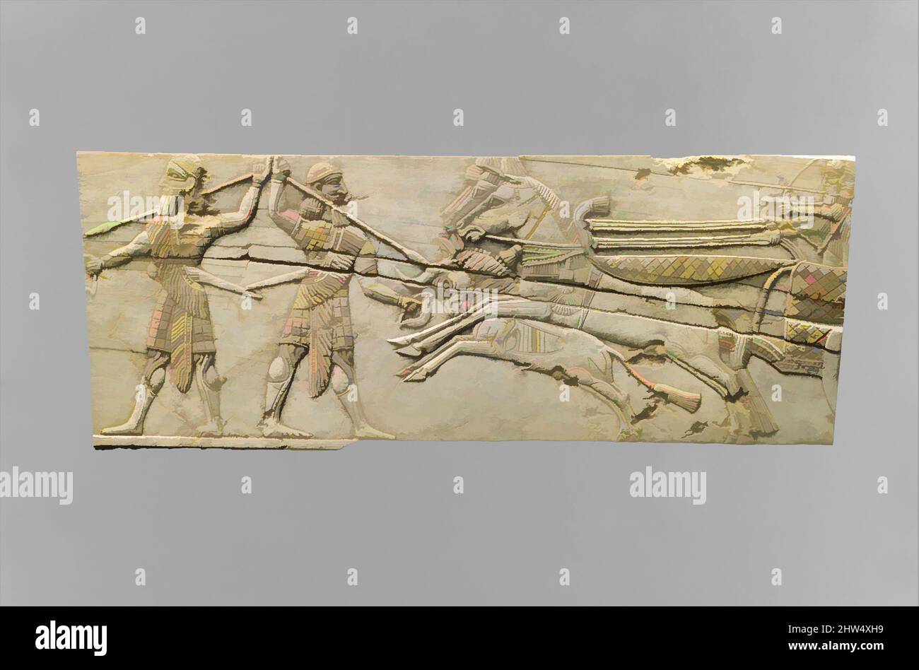 Kunst inspiriert von Tafelfragmenten mit Jagdszenen, Eisenzeit III, ca. 8.–7. Jahrhundert v. Chr., Iran, angeblich aus Ziwiye, Iran, Elfenbein, H. 2,24 x W. 6,22 Zoll (5,69 x 15,8 cm), Elfenbein/Knochenreliefs, Klassisches Werk, modernisiert von Artotop mit einem Schuss Moderne. Formen, Farbe und Wert, auffällige visuelle Wirkung auf Kunst. Emotionen durch Freiheit von Kunstwerken auf zeitgemäße Weise. Eine zeitlose Botschaft, die eine wild kreative neue Richtung verfolgt. Künstler, die sich dem digitalen Medium zuwenden und die Artotop NFT erschaffen Stockfoto