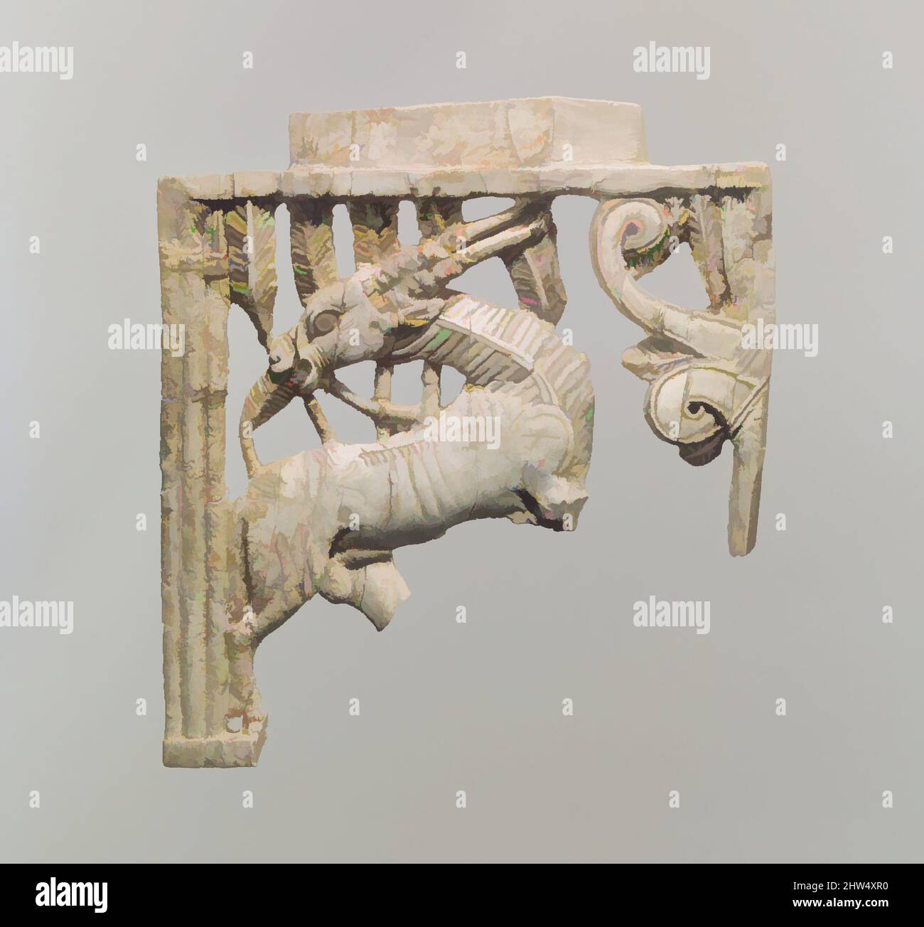 Kunst inspiriert von durchbrochenen Möbeln Plakette mit einem grasenden Oryx in einem Wald von Wedeln, neo-assyrische, ca. 9.–8.. Jahrhundert v. Chr., Mesopotamien, Nimrud (altes Kalhu), Assyrisch, Elfenbein, 5 x 4,69 x 0,43 Zoll (12,7 x 11,91 x 1,09 cm), Elfenbein/Knochenreliefs, Möbel mit geschnitztem Elfenbein, von Artotop modernisierte Classic Works mit einem Schuss Moderne. Formen, Farbe und Wert, auffällige visuelle Wirkung auf Kunst. Emotionen durch Freiheit von Kunstwerken auf zeitgemäße Weise. Eine zeitlose Botschaft, die eine wild kreative neue Richtung verfolgt. Künstler, die sich dem digitalen Medium zuwenden und die Artotop NFT erschaffen Stockfoto