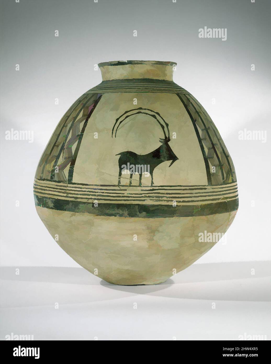 Kunst inspiriert von Storage-Glas mit Bergziegen verziert, Chalkolithisch, ca. 3800–3700 v. Chr., Zentraliranisch, Keramik, Farbe, 20 7/8in. (53cm), Keramik-Gefäße, Menschen des alten Nahen Ostens nutzten die reichlich vorhandenen Lehm, um Ziegel für ihre Städte zu bauen und auch als Oberfläche, Classic Works modernisiert von Artotop mit einem Schuss Moderne. Formen, Farbe und Wert, auffällige visuelle Wirkung auf Kunst. Emotionen durch Freiheit von Kunstwerken auf zeitgemäße Weise. Eine zeitlose Botschaft, die eine wild kreative neue Richtung verfolgt. Künstler, die sich dem digitalen Medium zuwenden und die Artotop NFT erschaffen Stockfoto