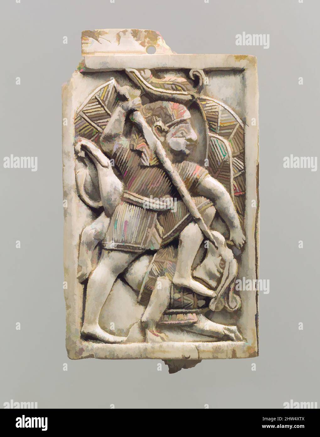 Kunst inspiriert von Möbelplakette in Relief geschnitzt mit einer männlichen Figur, die einen Greifen erschmettern, neo-assyrisch, ca. 9.–8.. Jahrhundert v. Chr., Mesopotamien, Nimrud (altes Kalhu), Assyrisch, Elfenbein, H. 4 1/8 x B 4 11/16 x T 7/16 Zoll (10,5 x 11,9 x 1,1 cm), Elfenbein/Knochenreliefs, Diese Tafel ist eingehauen, Klassisches Werk, modernisiert von Artotop mit einem Schuss Moderne. Formen, Farbe und Wert, auffällige visuelle Wirkung auf Kunst. Emotionen durch Freiheit von Kunstwerken auf zeitgemäße Weise. Eine zeitlose Botschaft, die eine wild kreative neue Richtung verfolgt. Künstler, die sich dem digitalen Medium zuwenden und die Artotop NFT erschaffen Stockfoto