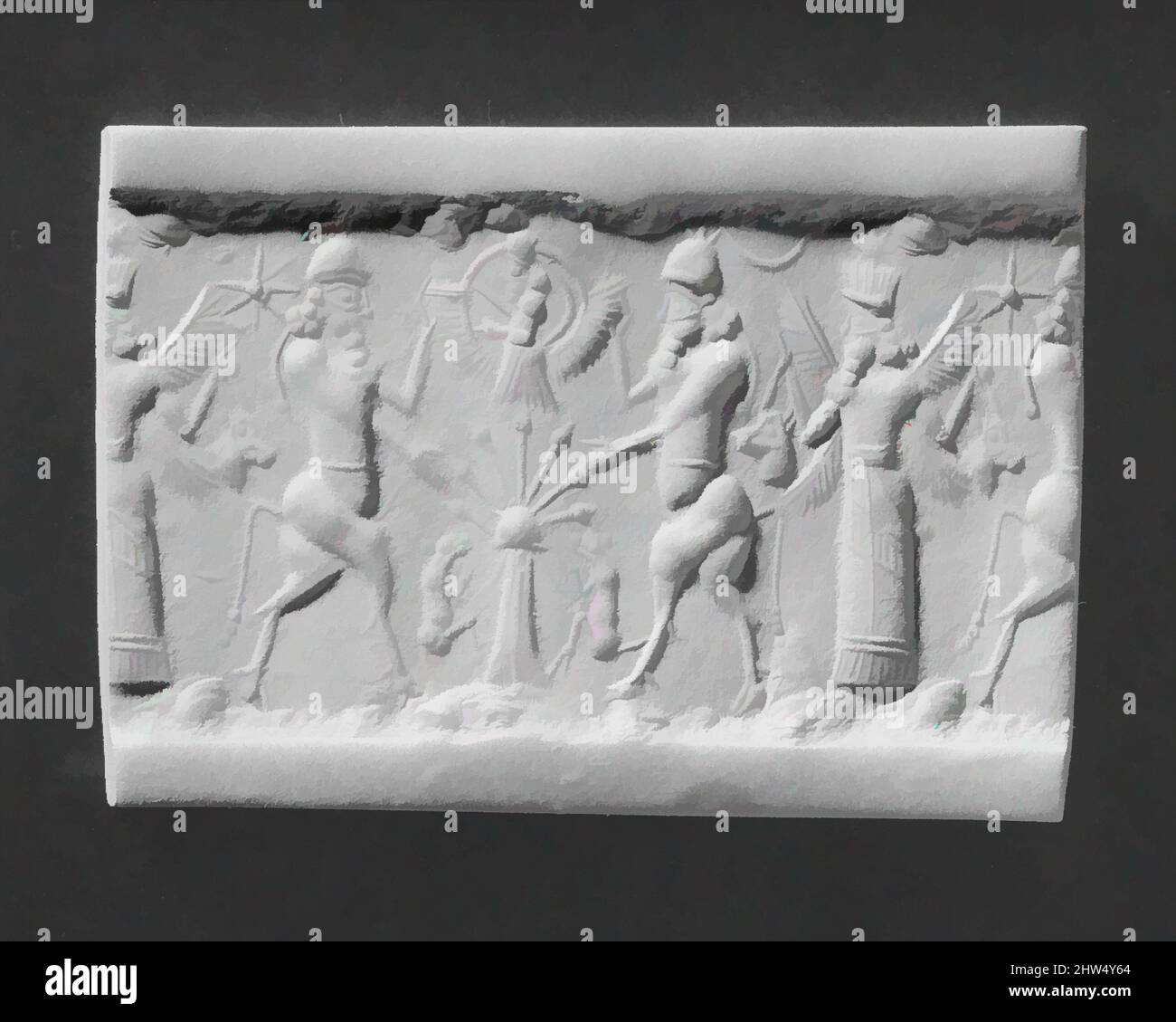Kunst inspiriert von Zylindersiegel und modernem Eindruck: Stier flankieren die Gottheit über dem heiligen Baum; geflügelte Gottheit mit gehörnten Tierköpfen, Neo-Assyrer, ca. Mitte des 8..–7.. Jahrhunderts v. Chr., Nordmesopotamien, Assyrer, Chalcedon, 1,24 Zoll (3,15 cm), Stein-Zylinder-Dichtungen, Klassische Werke, die von Artotop mit einem Schuss Moderne modernisiert wurden. Formen, Farbe und Wert, auffällige visuelle Wirkung auf Kunst. Emotionen durch Freiheit von Kunstwerken auf zeitgemäße Weise. Eine zeitlose Botschaft, die eine wild kreative neue Richtung verfolgt. Künstler, die sich dem digitalen Medium zuwenden und die Artotop NFT erschaffen Stockfoto