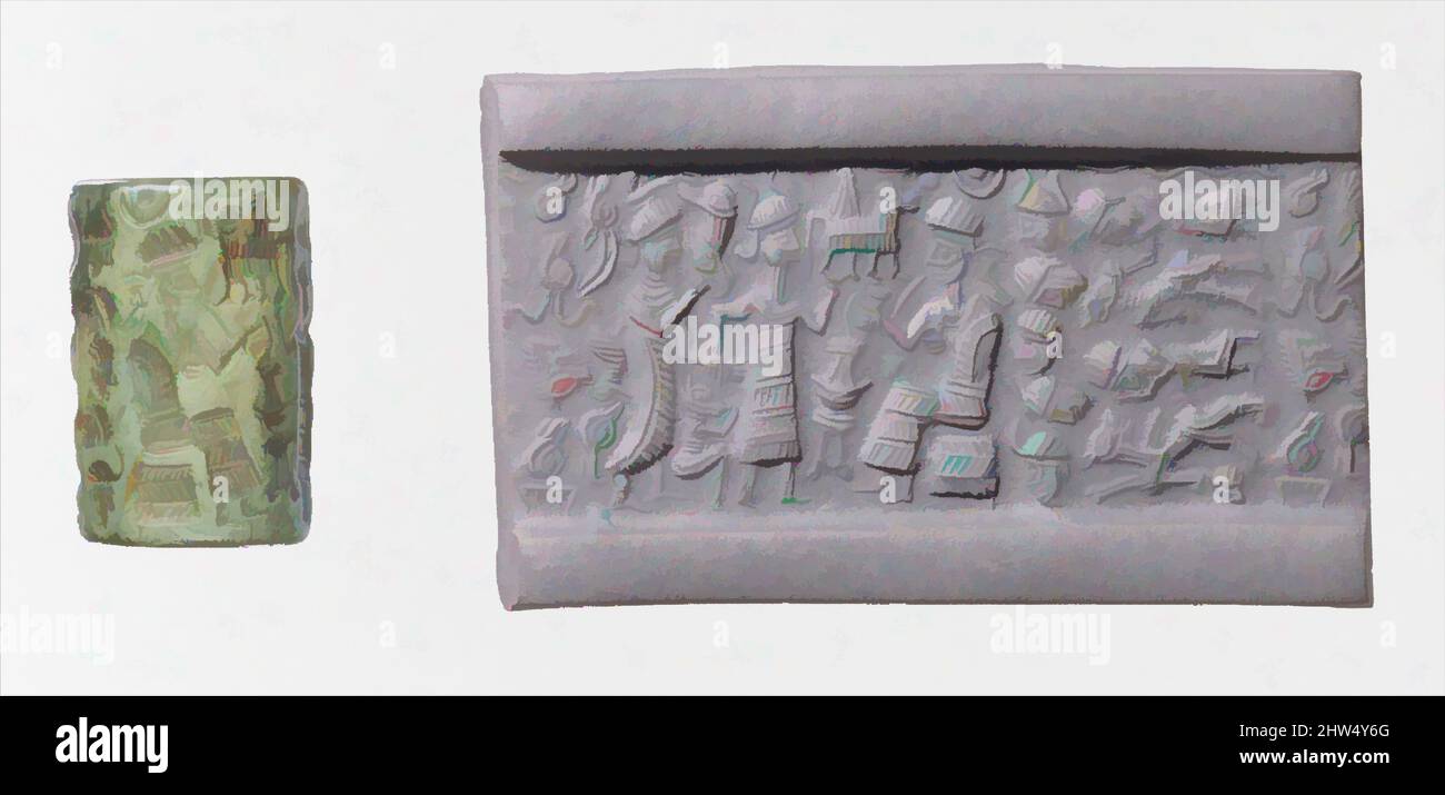 Kunst inspiriert von Zylindersiegel und modernem Eindruck: Göttin, die einen Verehrer zu einer sitzenden Gottheit führt; stiergott, mittlere Bronzezeit–alte assyrische Handelskolonie, ca. 20..–19.. Jahrhundert v. Chr., Zentralanatolien, alte assyrische Handelskolonie, Quartzit, 0,87 Zoll (2,21 cm), Stein-Zylinder-Dichtungen, Klassische Werke, die von Artotop mit einem Schuss Moderne modernisiert wurden. Formen, Farbe und Wert, auffällige visuelle Wirkung auf Kunst. Emotionen durch Freiheit von Kunstwerken auf zeitgemäße Weise. Eine zeitlose Botschaft, die eine wild kreative neue Richtung verfolgt. Künstler, die sich dem digitalen Medium zuwenden und die Artotop NFT erschaffen Stockfoto