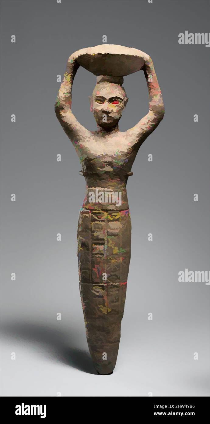 Kunst inspiriert von der Gründungsfigur von Ur-Namma mit einem Korb, Ur III, ca. 2112–2095 v. Chr., Mesopotamien, neo-sumerisch, Kupferlegierung, H. 27,3 cm (10 3/4 in.), Metallarbeiten-Skulptur-Inschrift, Diese massivgegossene Figur zeigt eine männliche Figur, bartlos und mit rasierten Kopf, die einen Korb trägt, Classic Works, die von Artotop mit einem Schuss Moderne modernisiert wurde. Formen, Farbe und Wert, auffällige visuelle Wirkung auf Kunst. Emotionen durch Freiheit von Kunstwerken auf zeitgemäße Weise. Eine zeitlose Botschaft, die eine wild kreative neue Richtung verfolgt. Künstler, die sich dem digitalen Medium zuwenden und die Artotop NFT erschaffen Stockfoto