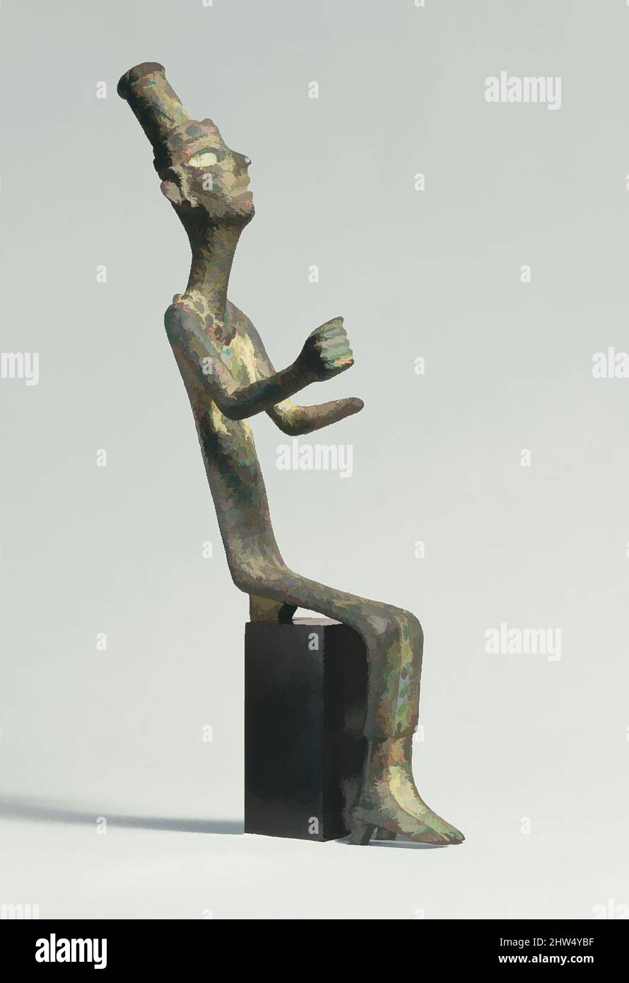 Kunst inspiriert von Figur einer sitzenden Göttin, späte Bronzezeit, ca. 14.–13.. Jahrhundert v. Chr., Syrien-Levant, Kanaaniter, Kupferlegierung, H. 10-7/8 Zoll (27,6 cm), Metallarbeiten-Skulptur, Klassisches von Artotop modernisiertes Werk mit einem Schuss Modernität. Formen, Farbe und Wert, auffällige visuelle Wirkung auf Kunst. Emotionen durch Freiheit von Kunstwerken auf zeitgemäße Weise. Eine zeitlose Botschaft, die eine wild kreative neue Richtung verfolgt. Künstler, die sich dem digitalen Medium zuwenden und die Artotop NFT erschaffen Stockfoto