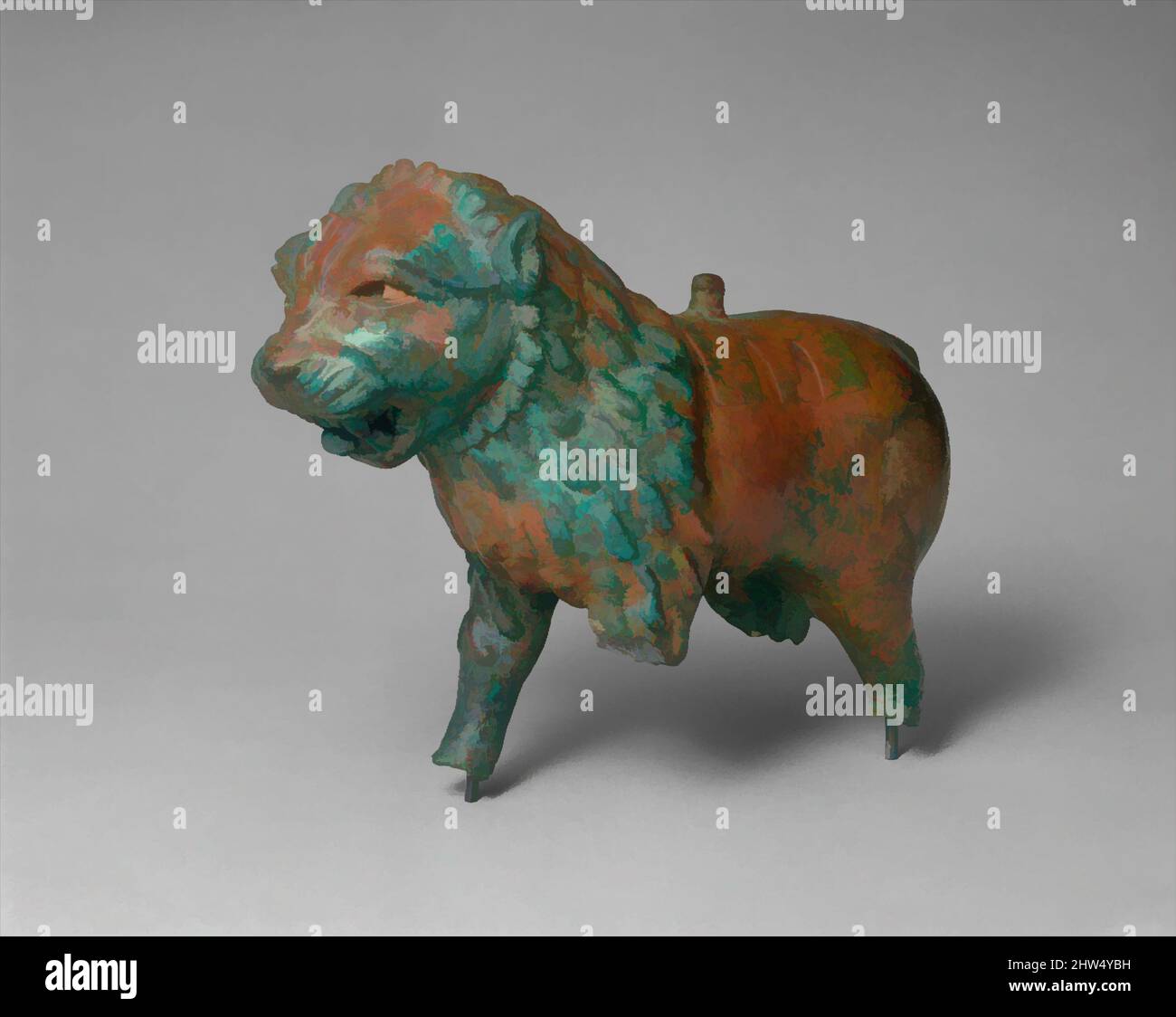 Kunst inspiriert durch Figur eines Löwen, Eisenzeit, ca. Anfang bis Mitte 1. Jahrtausend v. Chr., Anatolien oder Syrien, Kupferlegierung, H. 7-3/8 Zoll (18,7 cm) x L. 10-1/2 Zoll (26,7 cm), Metallarbeiten-Skulptur, Obwohl die erste Hälfte des ersten Jahrtausends v. Chr. als eine Zeit der großen Metallarbeiten bekannt ist, Klassischen Werke modernisiert von Artotop mit einem Spritzer der Moderne. Formen, Farbe und Wert, auffällige visuelle Wirkung auf Kunst. Emotionen durch Freiheit von Kunstwerken auf zeitgemäße Weise. Eine zeitlose Botschaft, die eine wild kreative neue Richtung verfolgt. Künstler, die sich dem digitalen Medium zuwenden und die Artotop NFT erschaffen Stockfoto