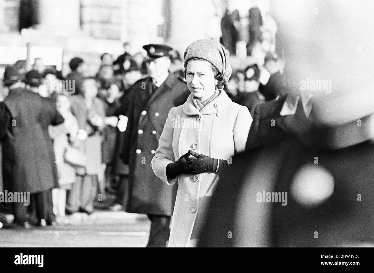 Die Royal Mint in Llantrisant, Pontyclun, Südwales, wurde von der Queen offiziell eröffnet, um am Dienstag, dem 17.. Dezember 1968, die Dezimalprägung einzuführen. Stockfoto